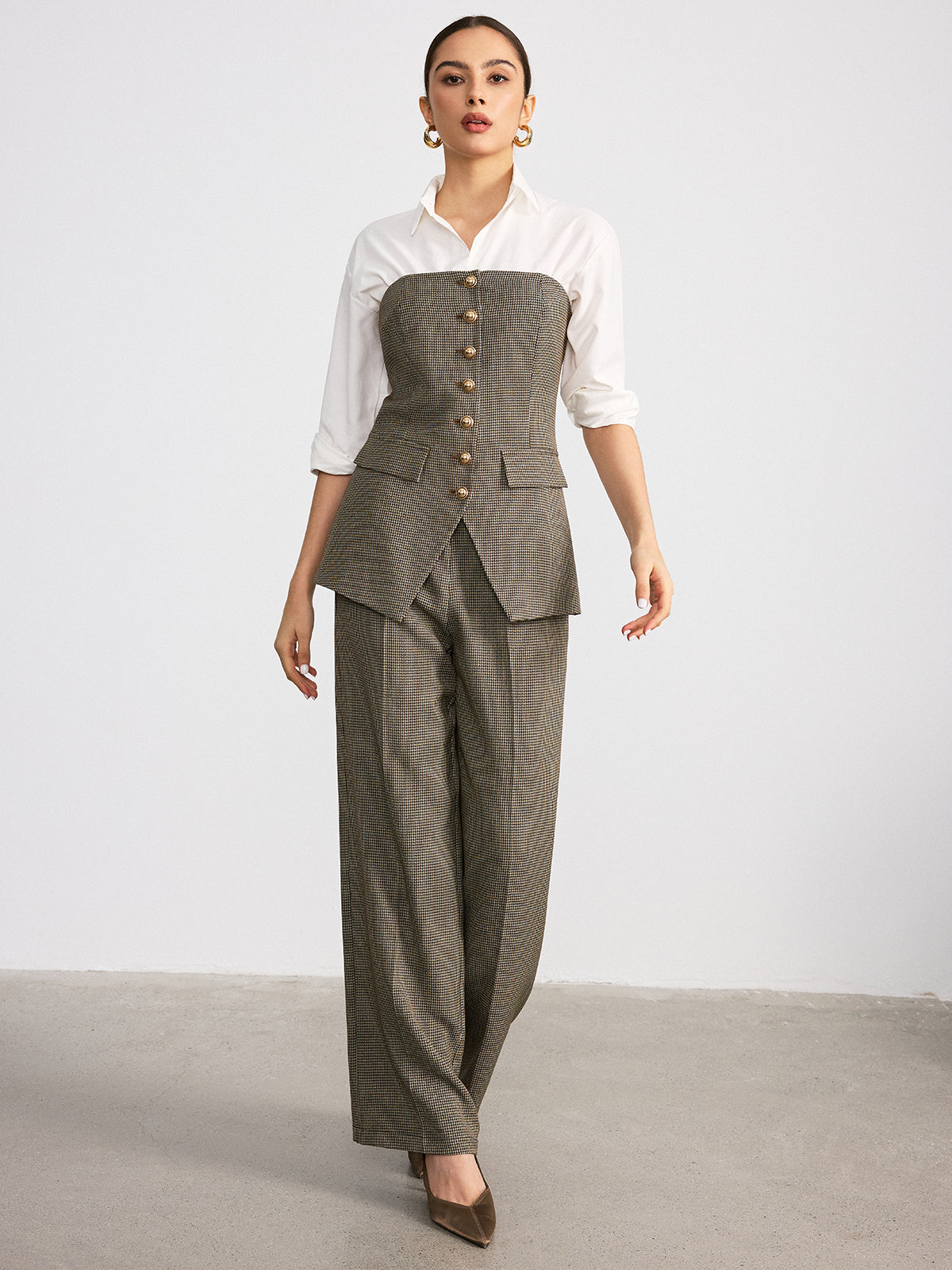 Houndstooth Strapless Metal Button Top-Chicvia