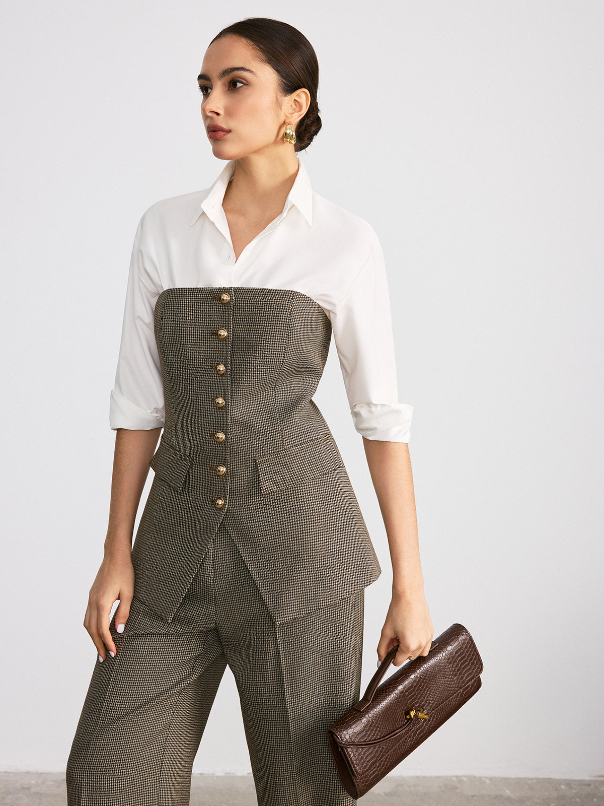 Houndstooth Strapless Metal Button Top-Chicvia