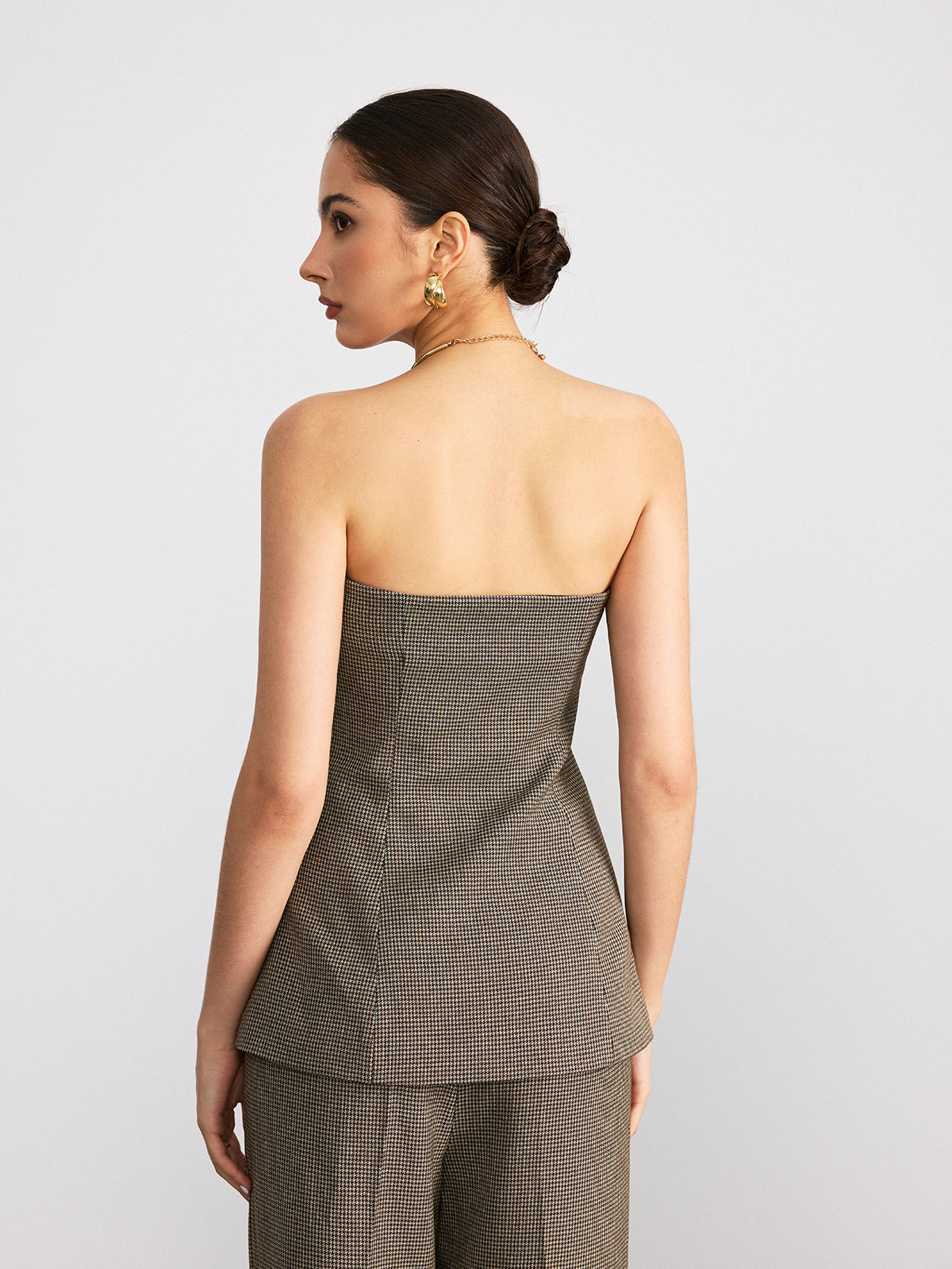 Houndstooth Strapless Metal Button Top-Chicvia
