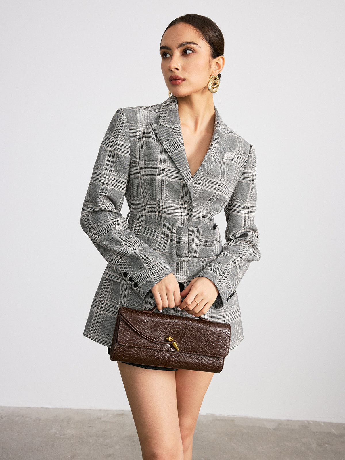 Plaid Cotton Blend Blazer with Wide Belt-Chicvia