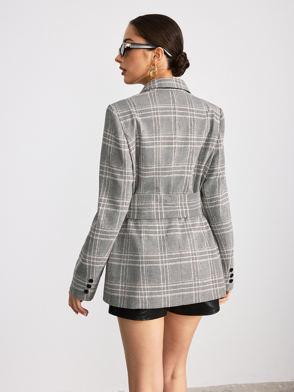Plaid Cotton Blend Blazer with Wide Belt-Chicvia