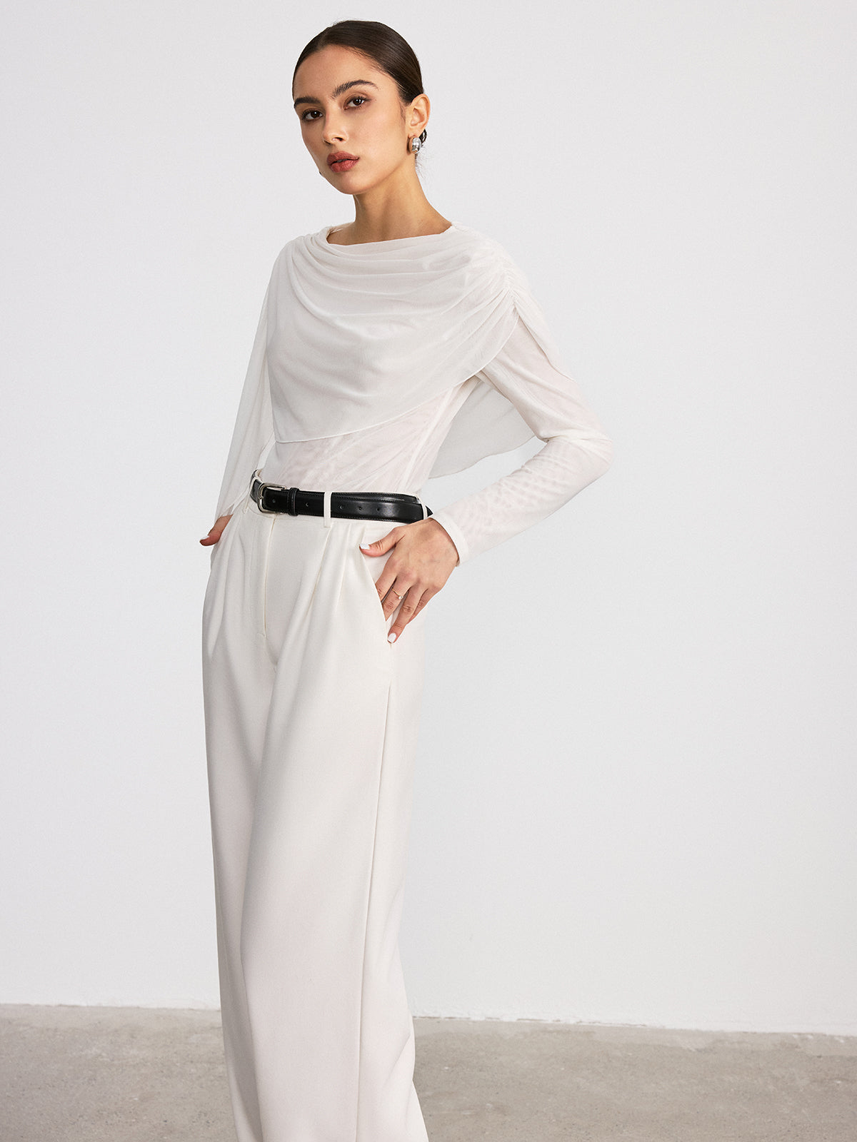 Draped Mesh Long Sleeve Blouse-Chicvia