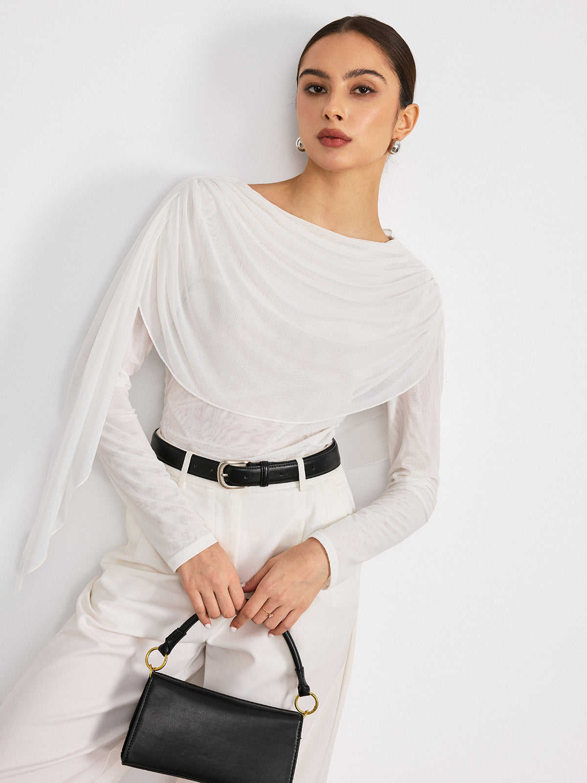 Draped Mesh Long Sleeve Blouse-Chicvia