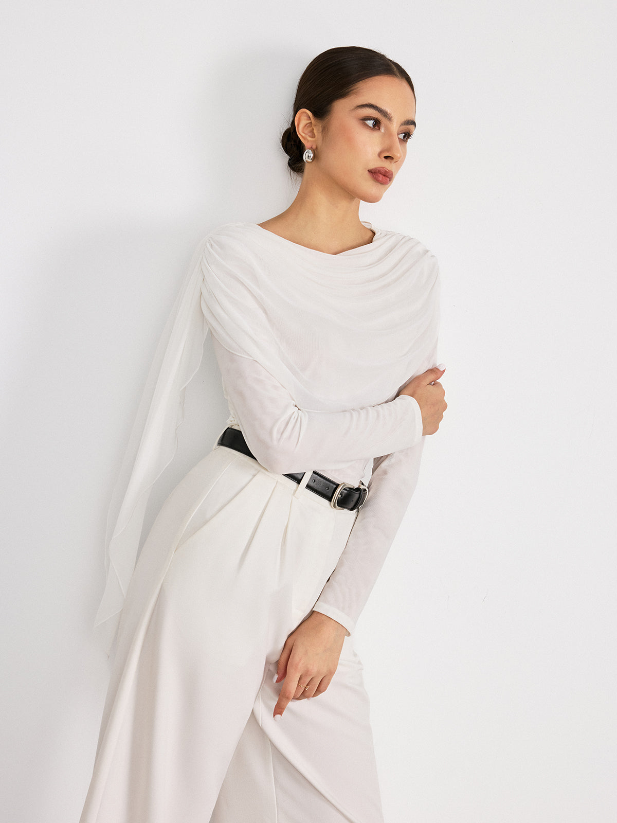 Draped Mesh Long Sleeve Blouse-Chicvia