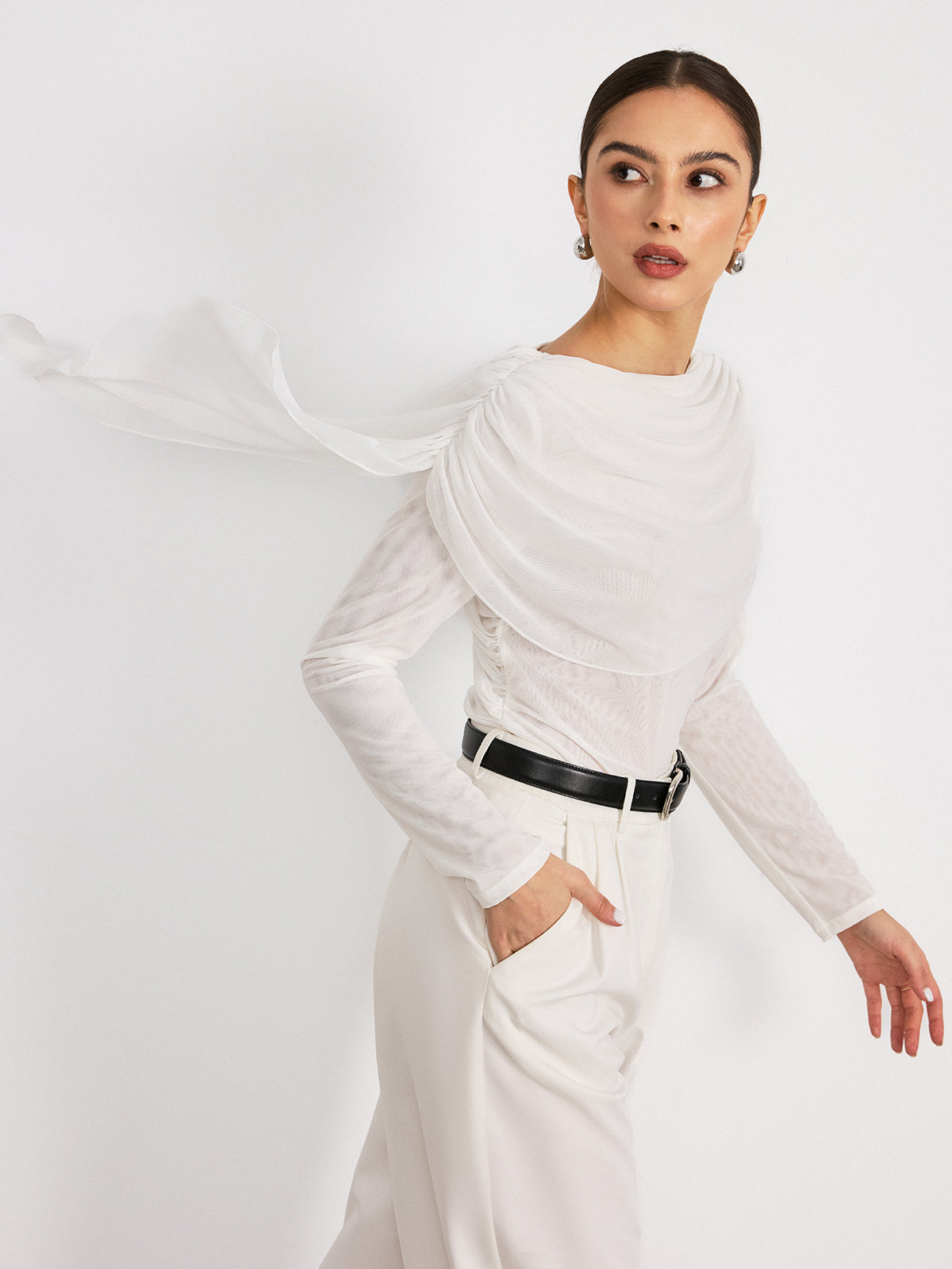 Draped Mesh Long Sleeve Blouse-Chicvia