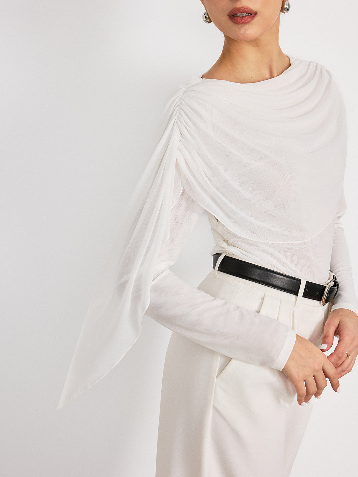 Draped Mesh Long Sleeve Blouse-Chicvia