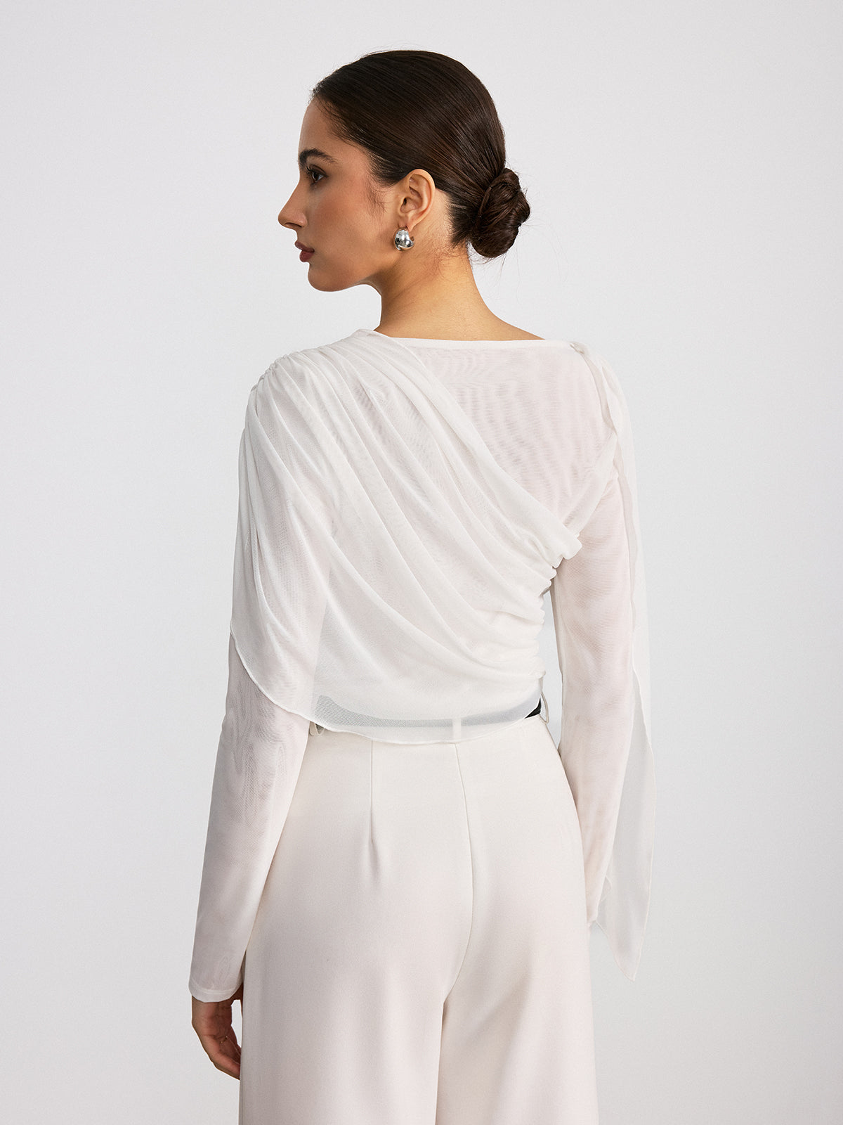 Draped Mesh Long Sleeve Blouse-Chicvia