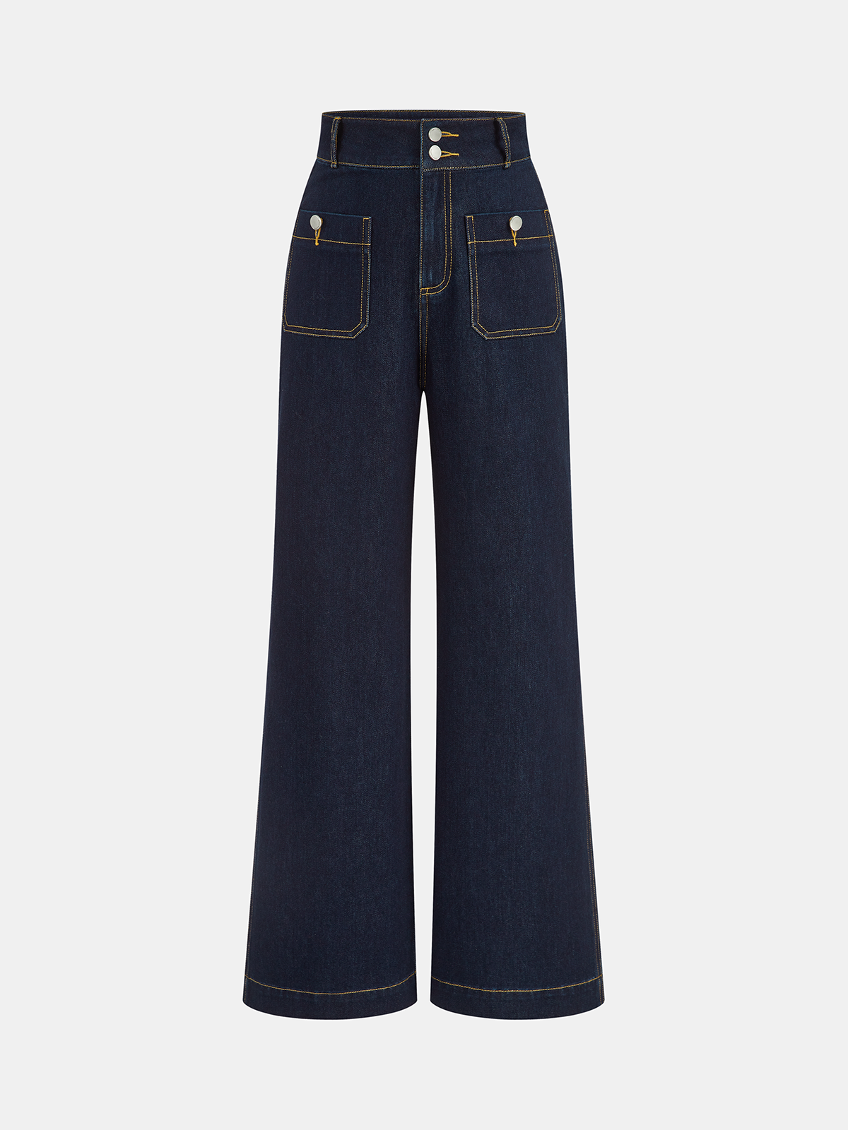 High-Waisted Double-Button Straight-Leg Denim Pants-Chicvia