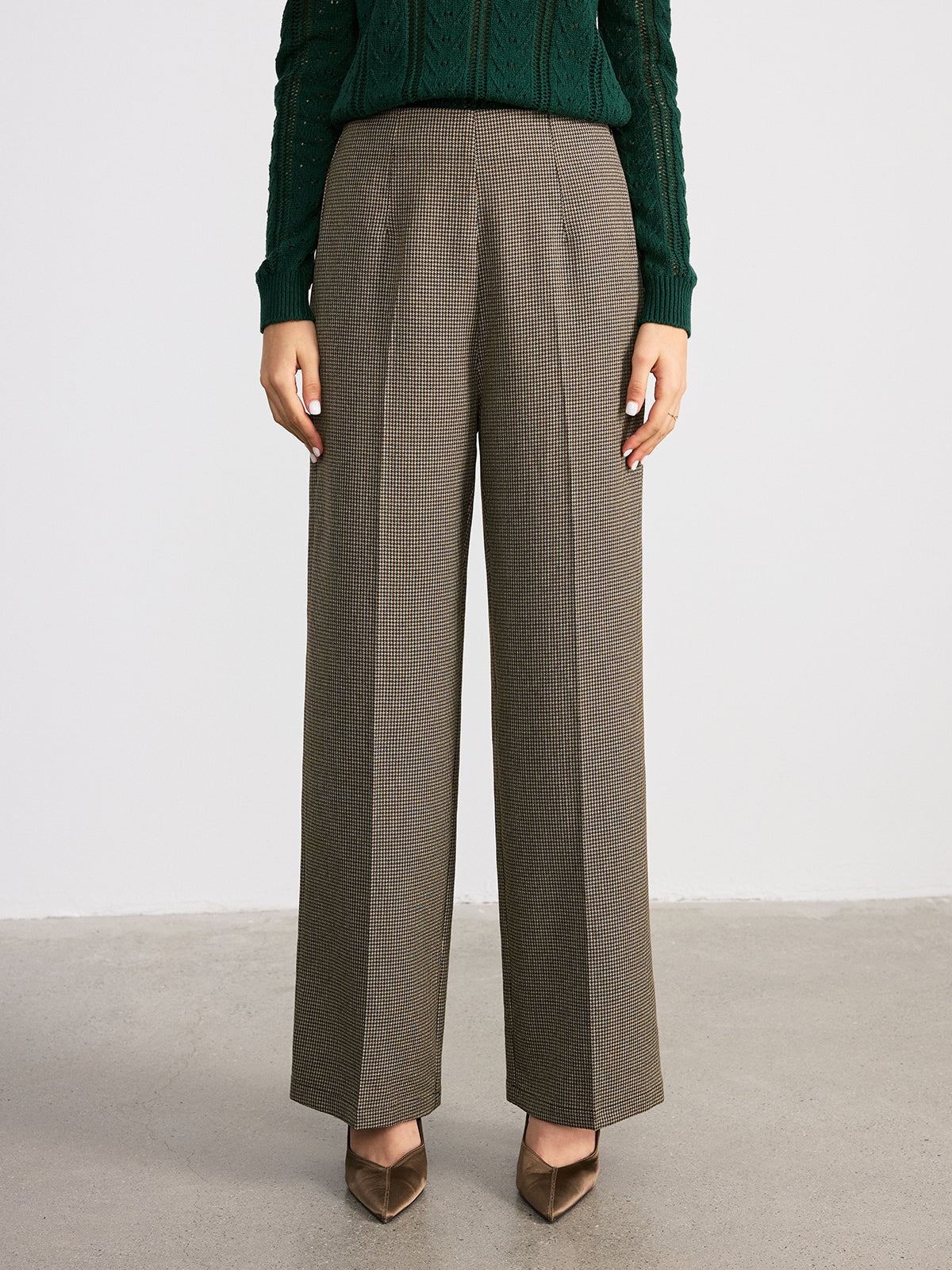 Houndstooth Mid-Waist Straight-Leg Pants-Chicvia