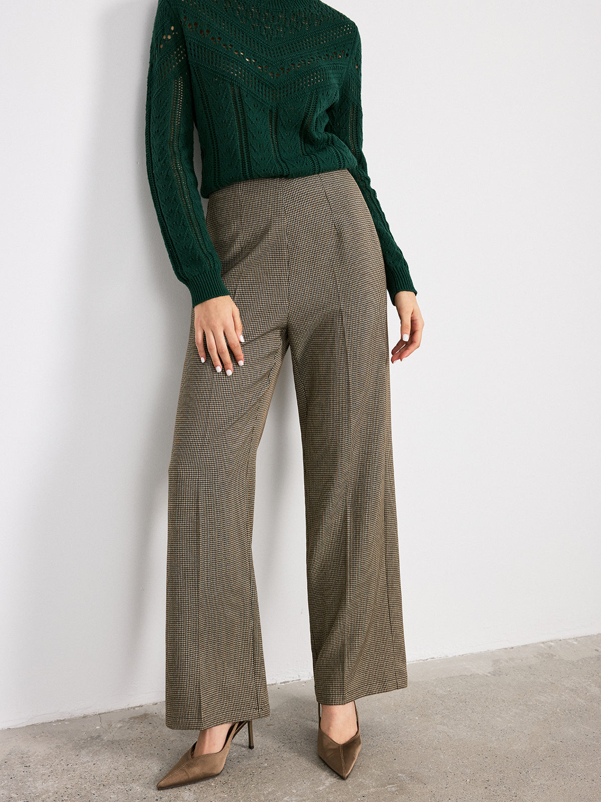 Houndstooth Mid-Waist Straight-Leg Pants-Chicvia