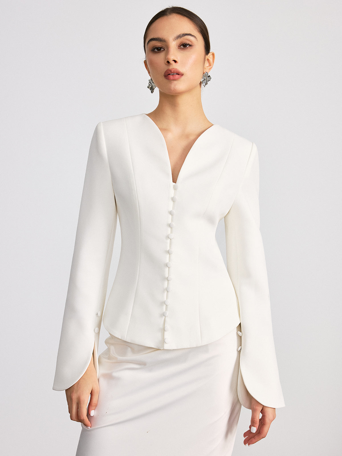 Button Front Flared Cuff Fitted Blazer-Chicvia