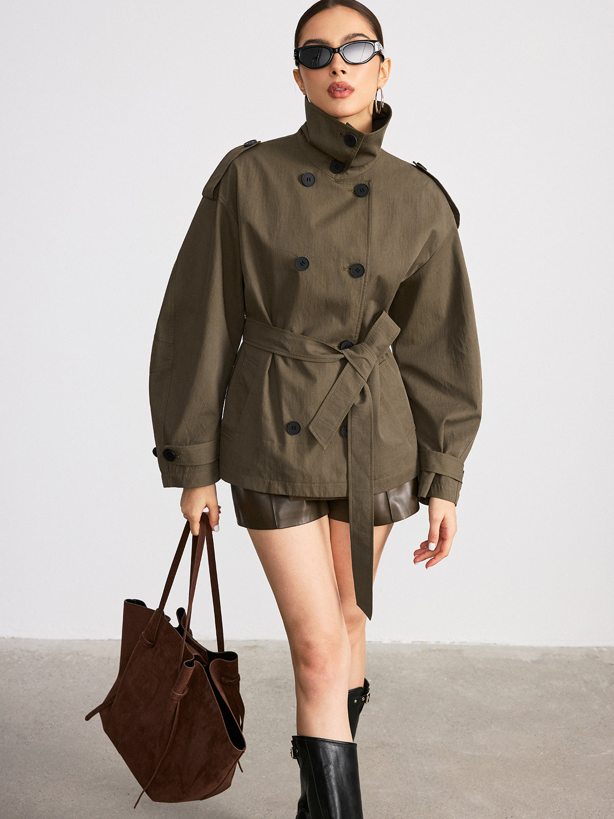 Double-Breasted Belted Trench Coat-Chicvia