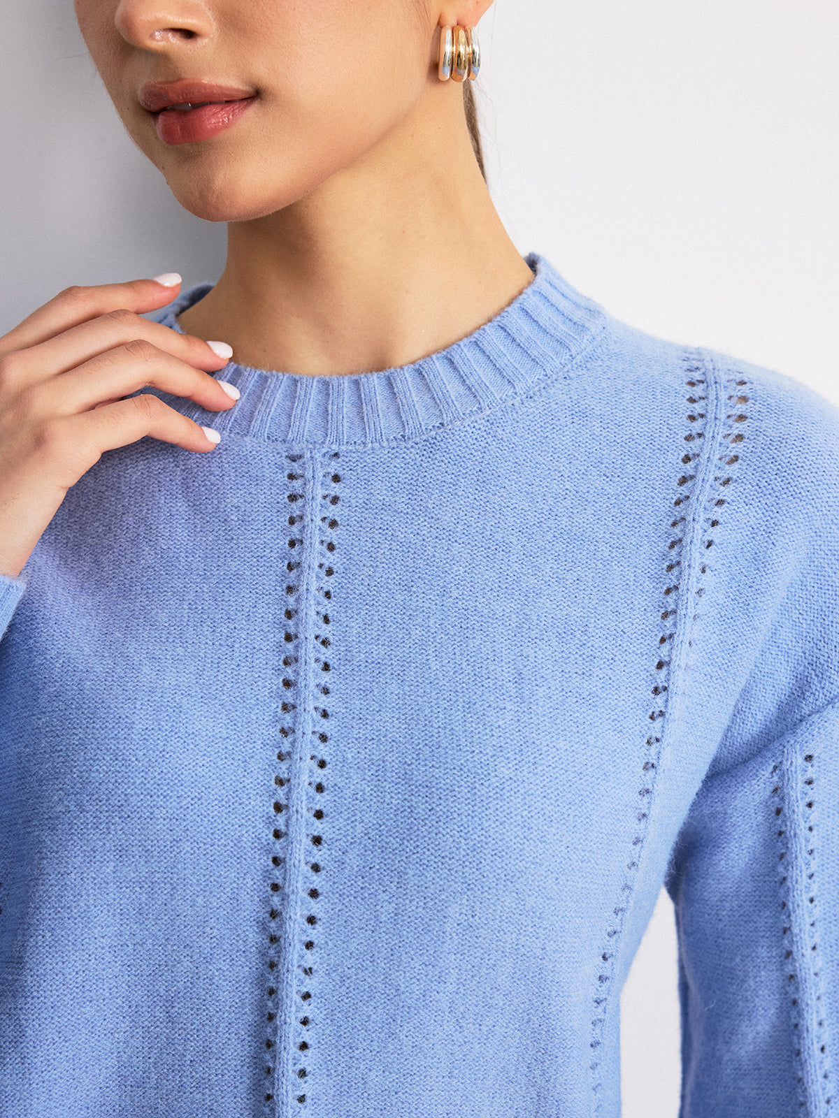 Eyelet Detail Crew Neck Sweater-Chicvia