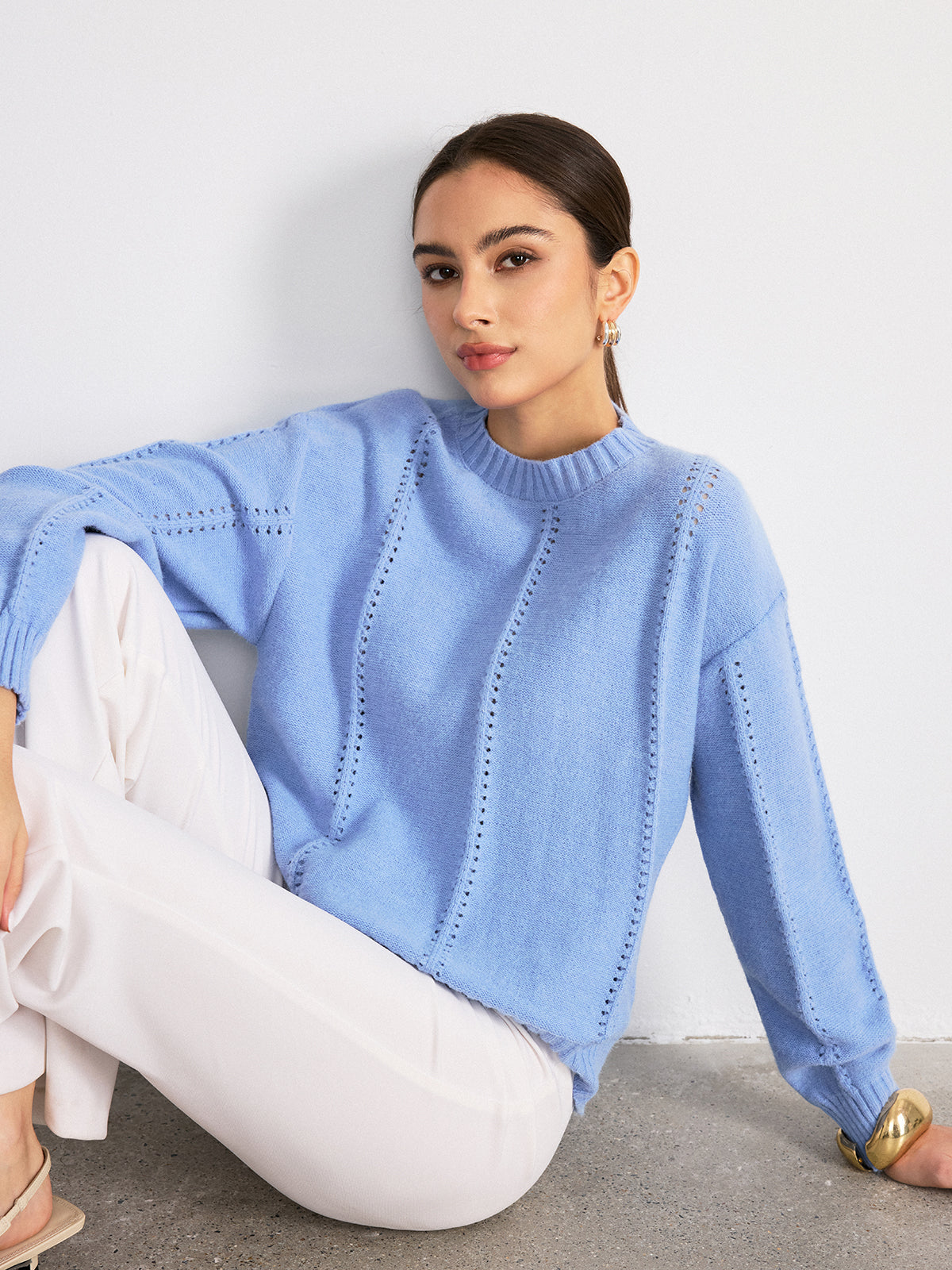 Eyelet Detail Crew Neck Sweater-Chicvia