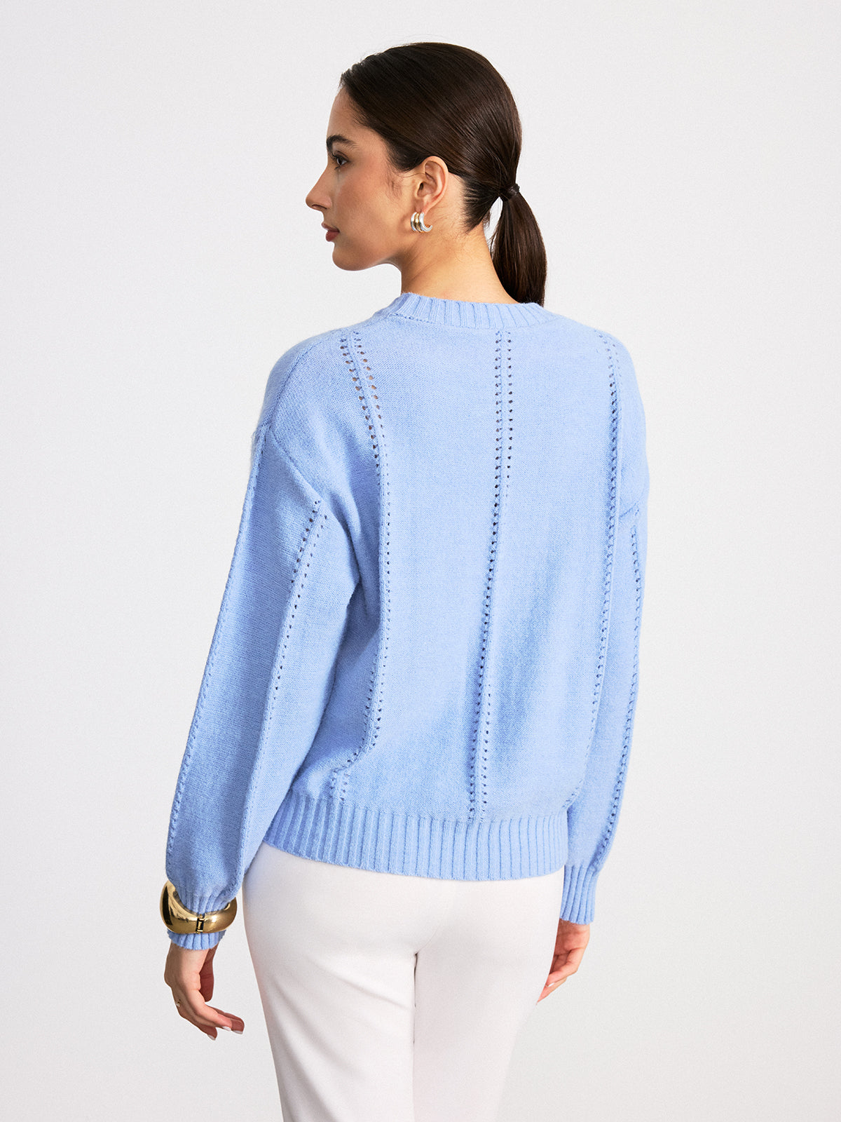 Eyelet Detail Crew Neck Sweater-Chicvia