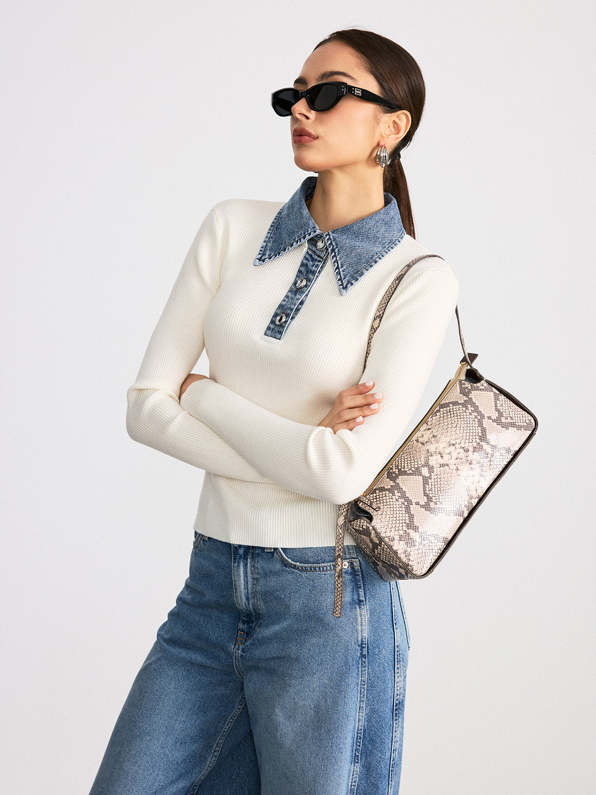 Denim Collar Wool Blend Knit Top-Chicvia