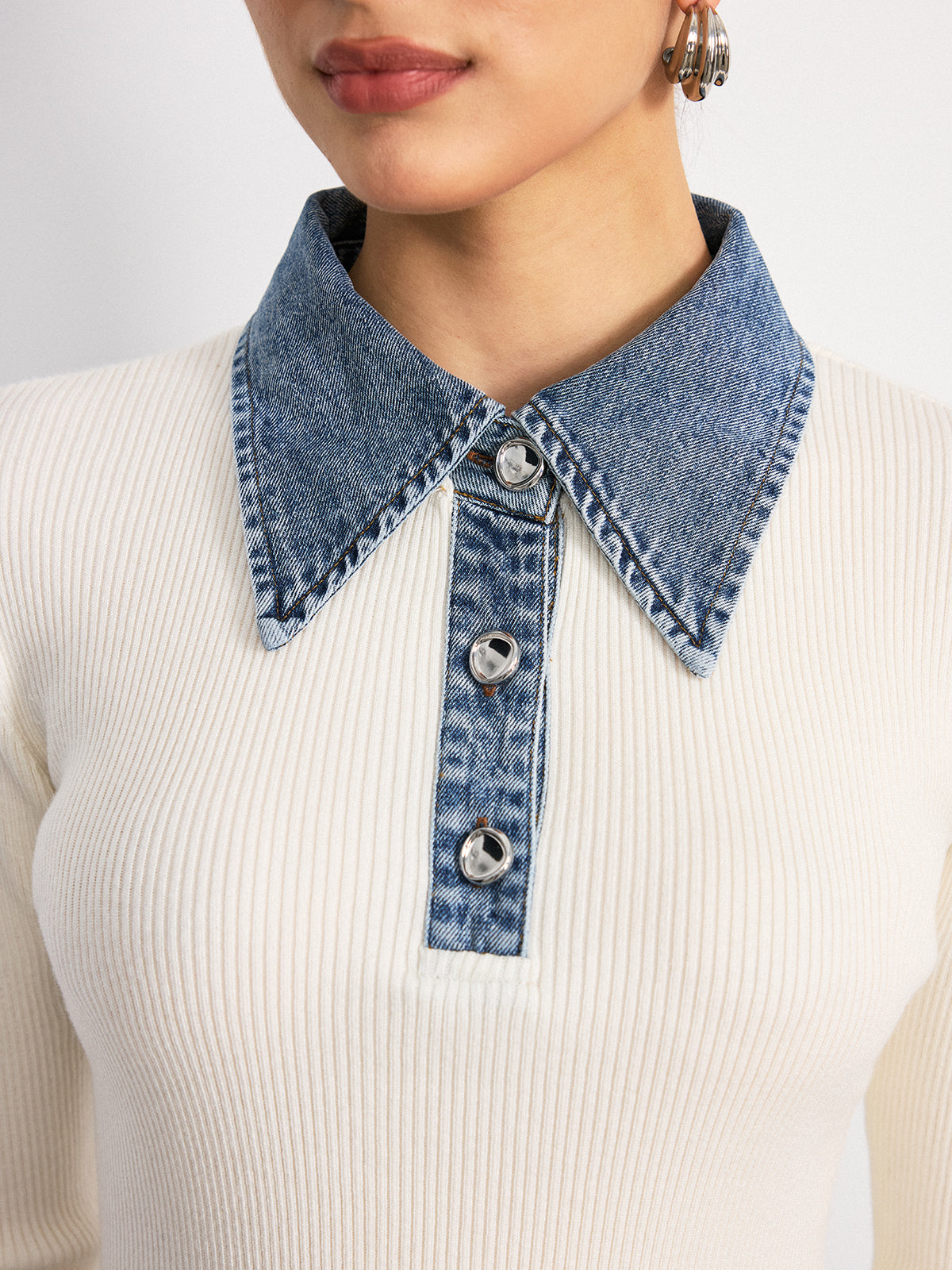 Denim Collar Wool Blend Knit Top-Chicvia