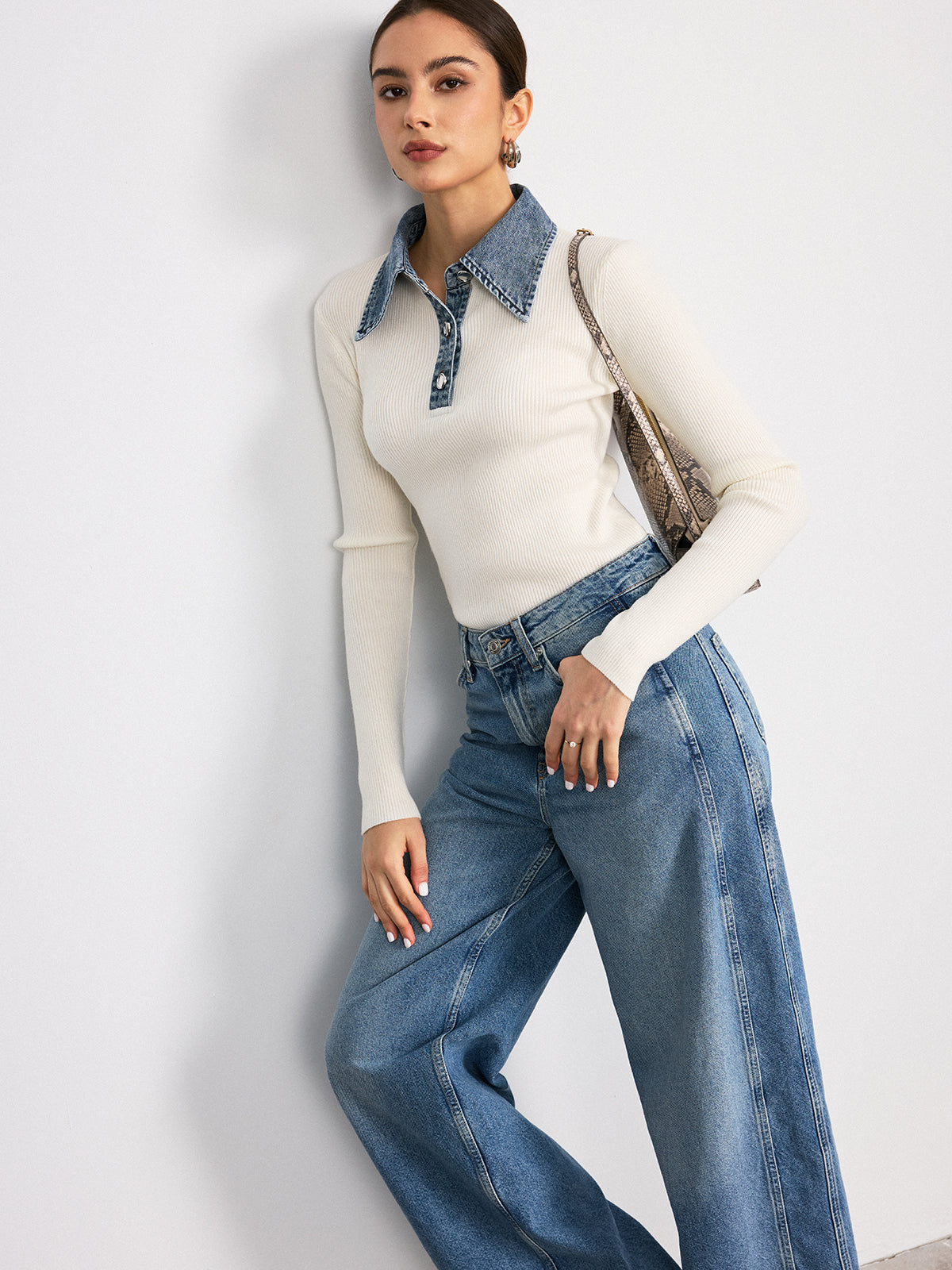 Denim Collar Wool Blend Knit Top-Chicvia