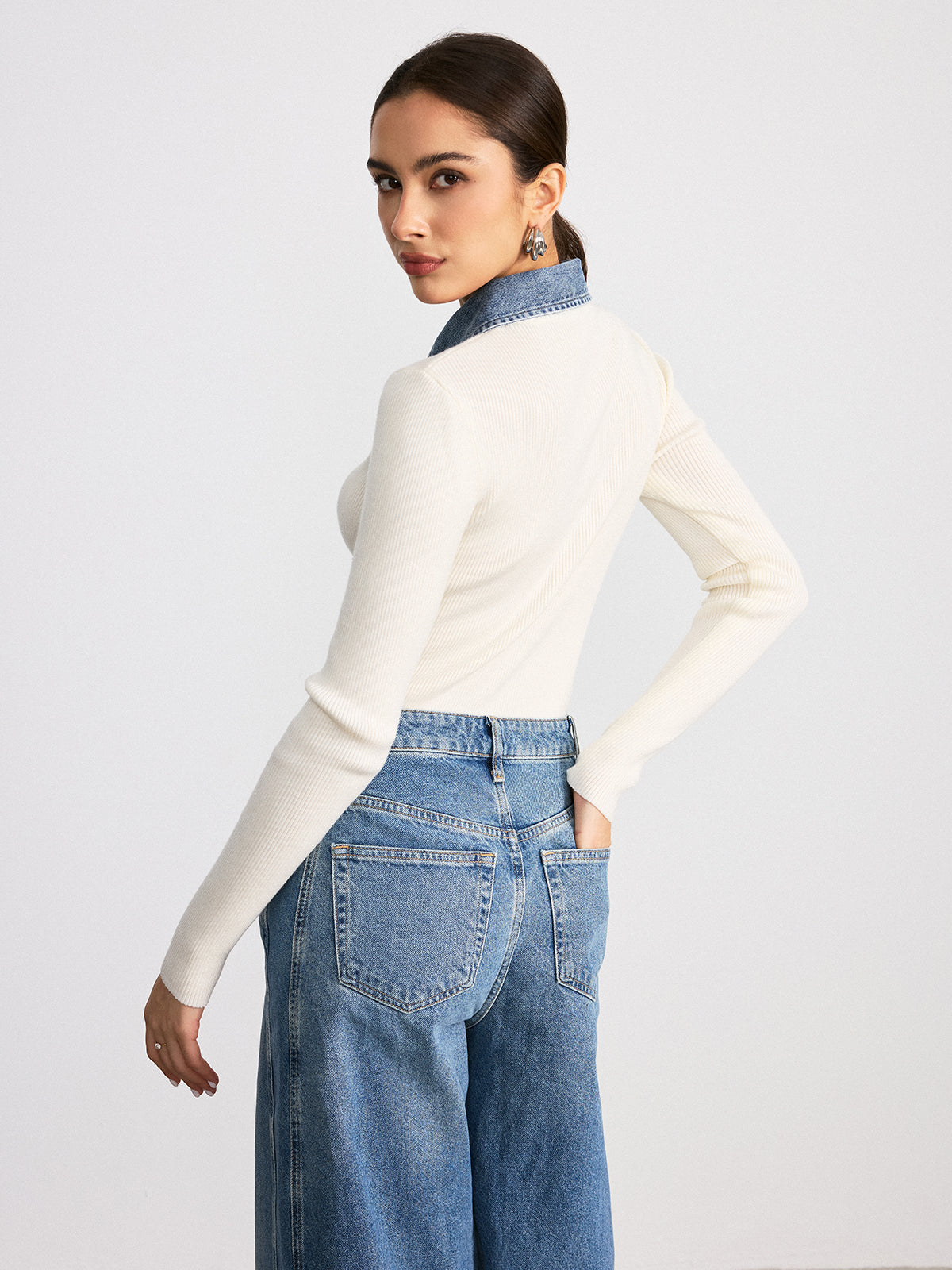 Denim Collar Wool Blend Knit Top-Chicvia