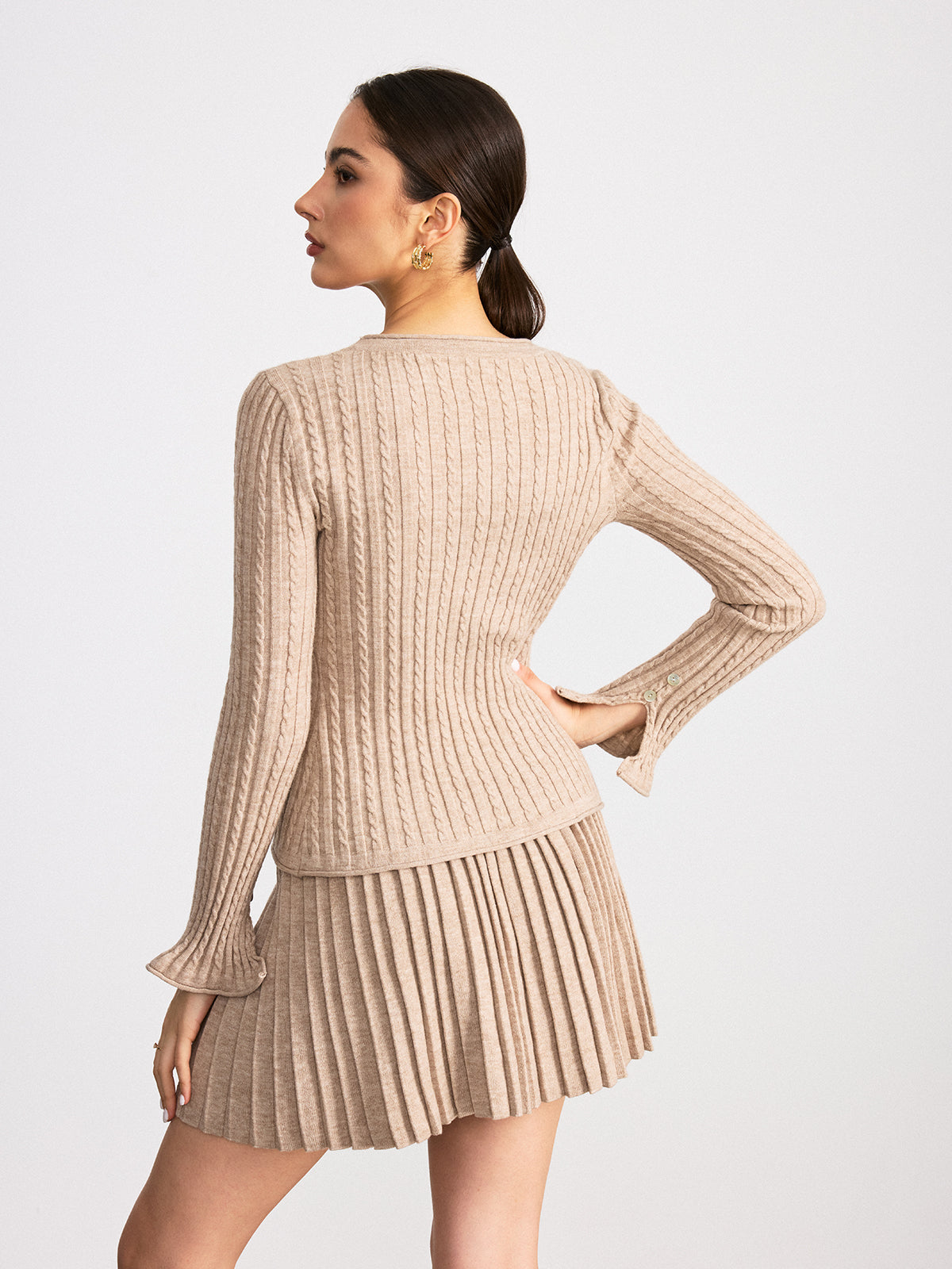 Cable-Knit V-Neck Cardigan and Pleated Skirt Set-Chicvia