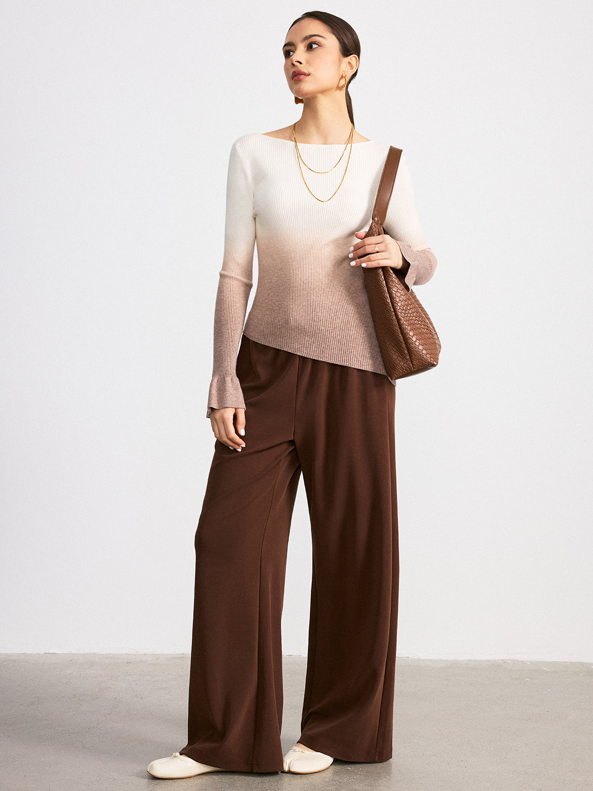 Flared Cuff Ombre Ribbed Knit Top-Chicvia