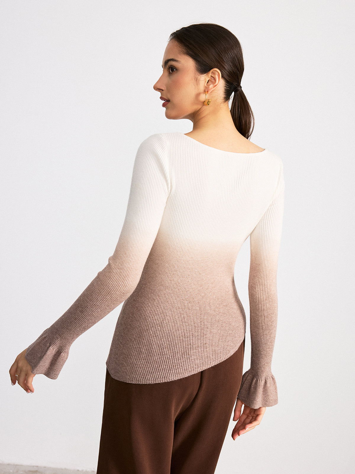 Flared Cuff Ombre Ribbed Knit Top-Chicvia