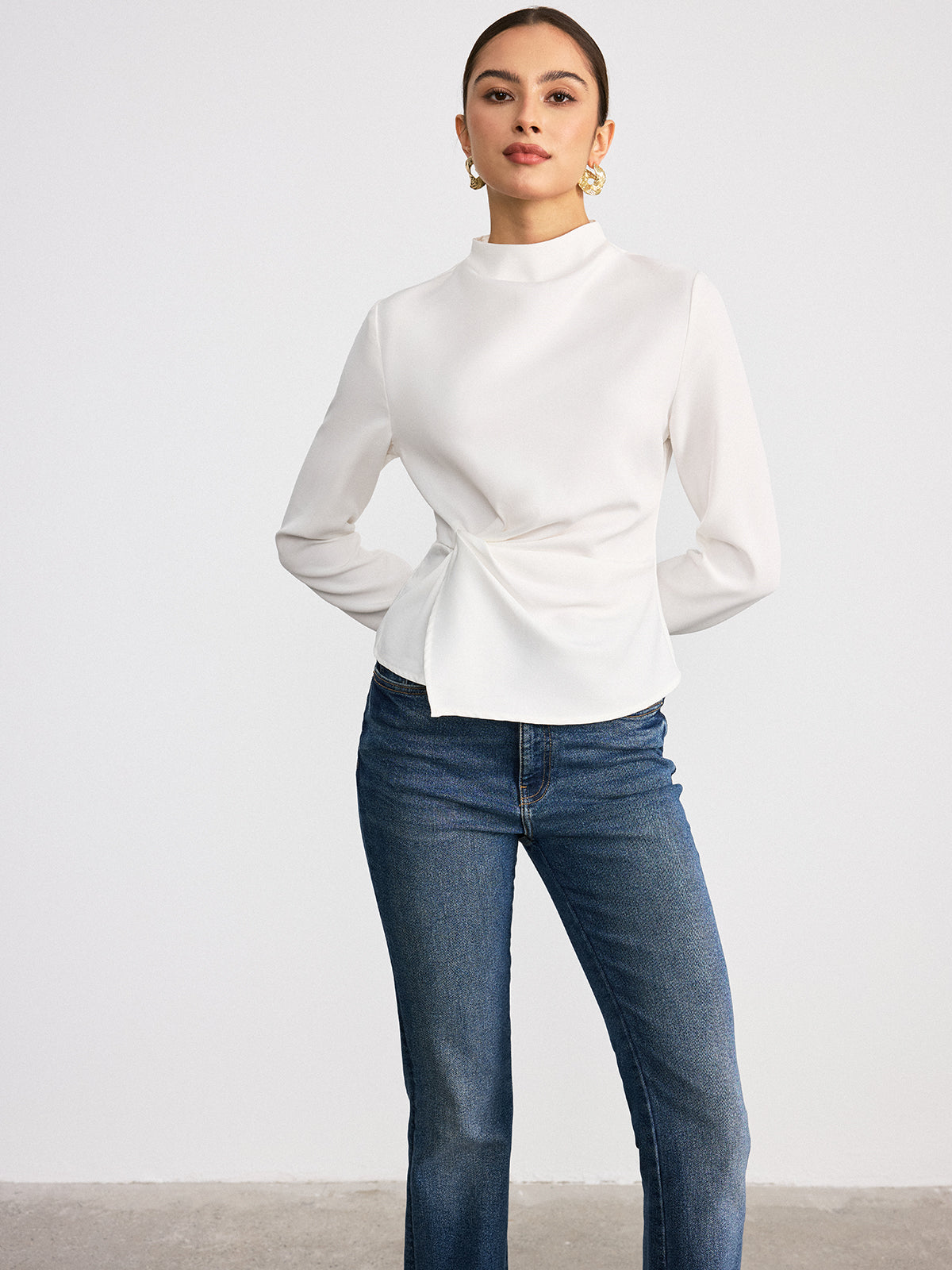 Long-Sleeve Twist Mock Neck Top-Chicvia
