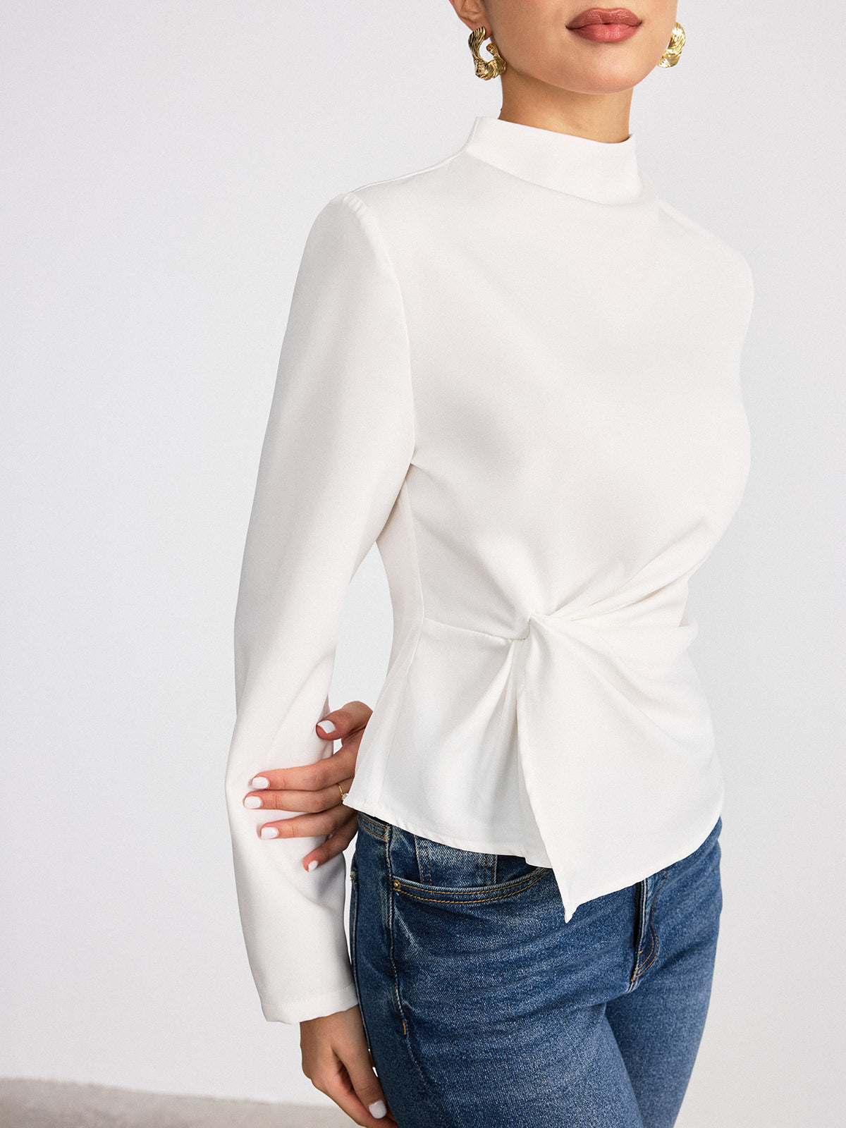 Long-Sleeve Twist Mock Neck Top-Chicvia