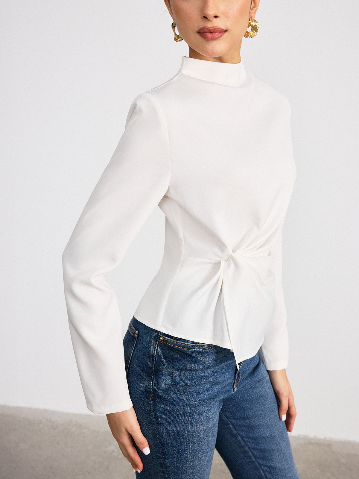 Long-Sleeve Twist Mock Neck Top-Chicvia