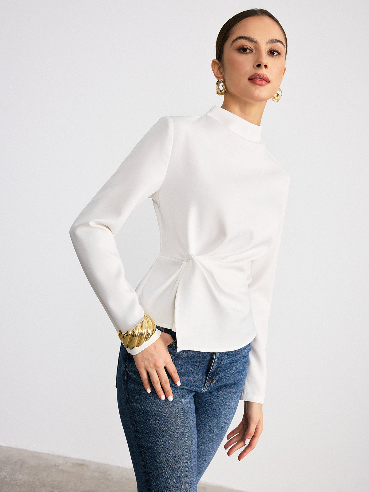Long-Sleeve Twist Mock Neck Top-Chicvia
