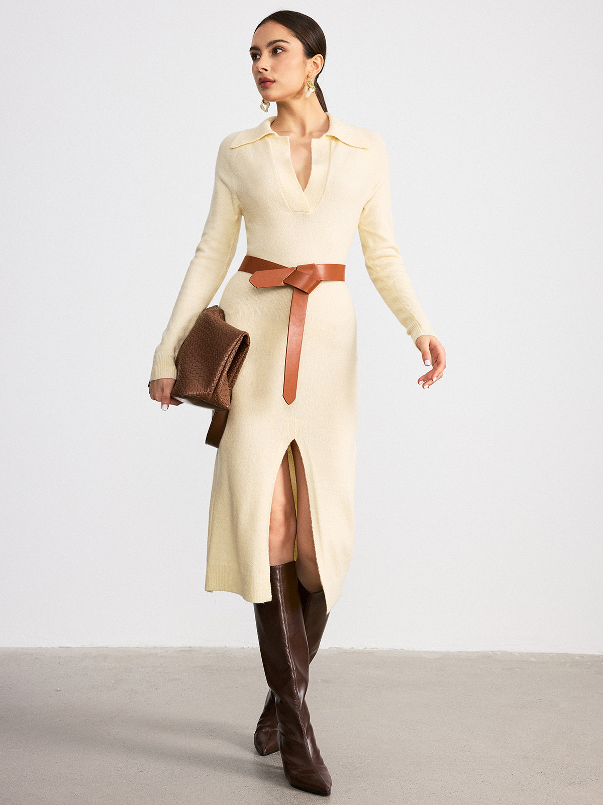 Collared Split-Hem Belted Knit Midi Dress-Chicvia