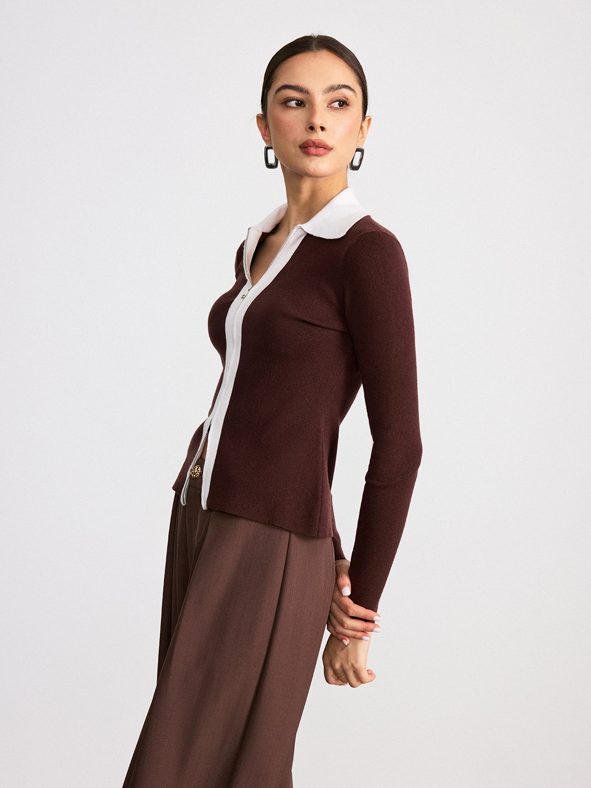 Contrast Collar Wool Blend Zip-Up Cardigan-Chicvia