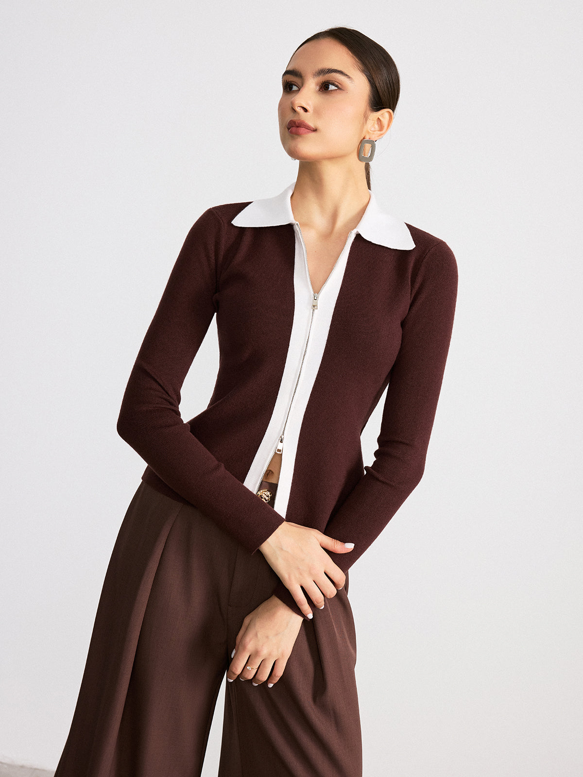 Contrast Collar Wool Blend Zip-Up Cardigan-Chicvia