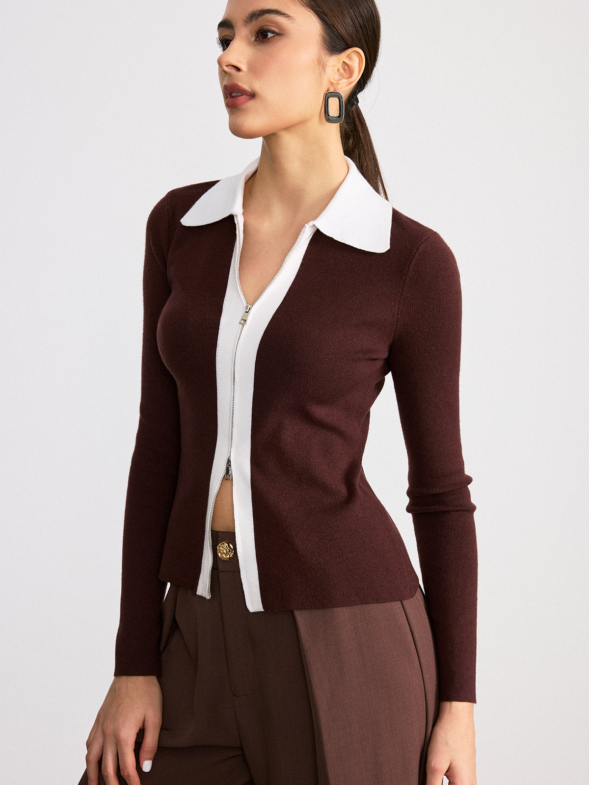 Contrast Collar Wool Blend Zip-Up Cardigan-Chicvia