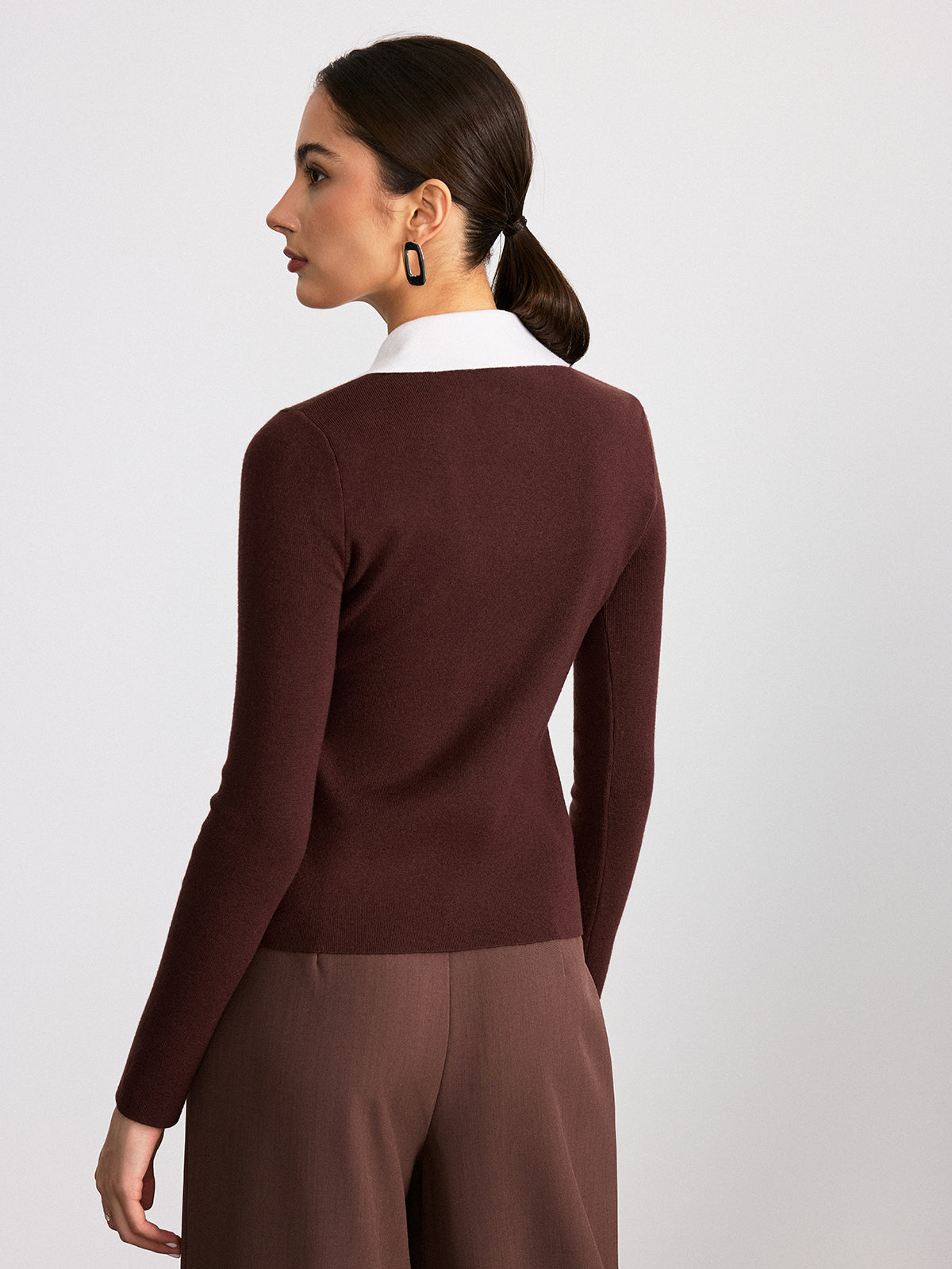 Contrast Collar Wool Blend Zip-Up Cardigan-Chicvia