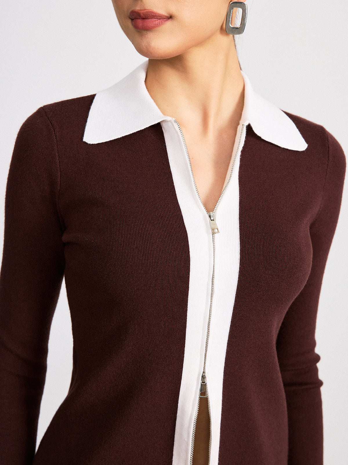 Contrast Collar Wool Blend Zip-Up Cardigan-Chicvia