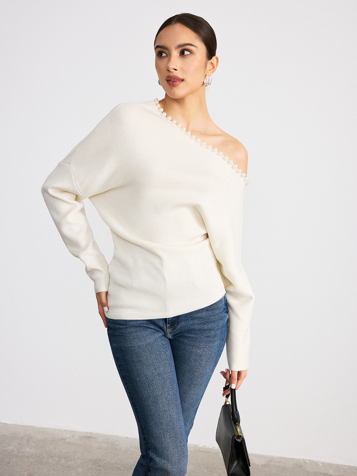 Off-Shoulder Pearl Embellished Wool Blend Sweater-Chicvia