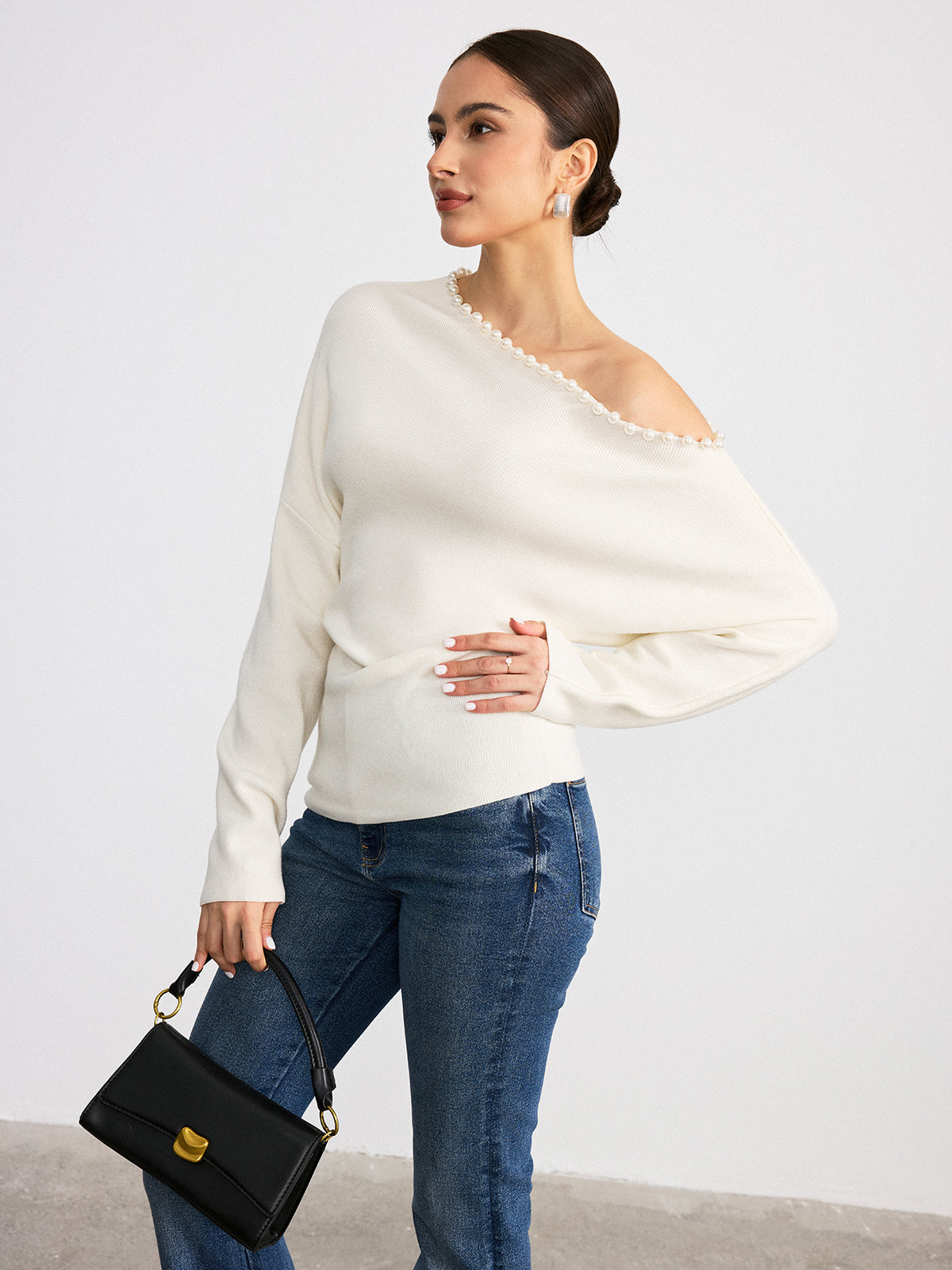 Off-Shoulder Pearl Embellished Wool Blend Sweater-Chicvia