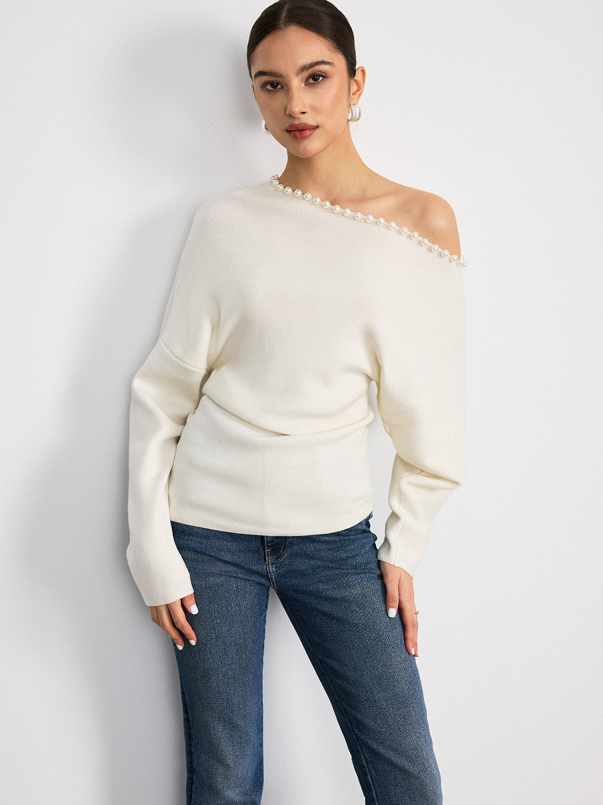 Off-Shoulder Pearl Embellished Wool Blend Sweater-Chicvia