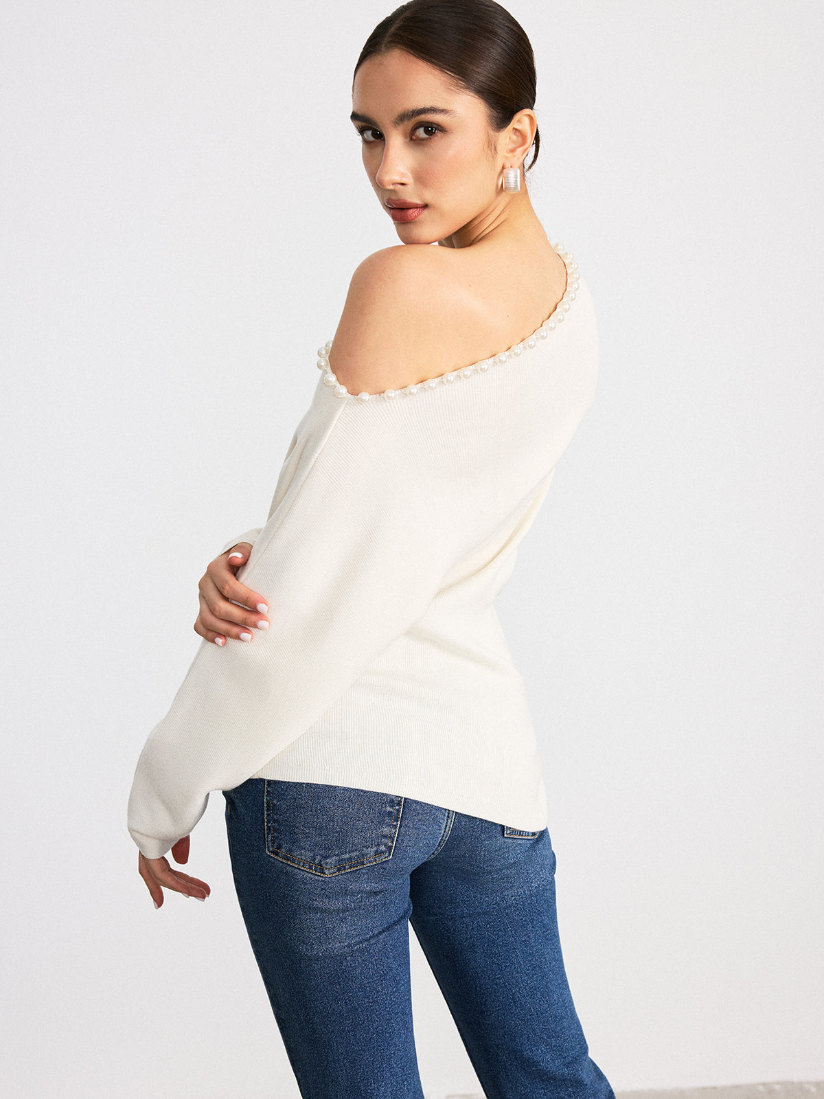 Off-Shoulder Pearl Embellished Wool Blend Sweater-Chicvia