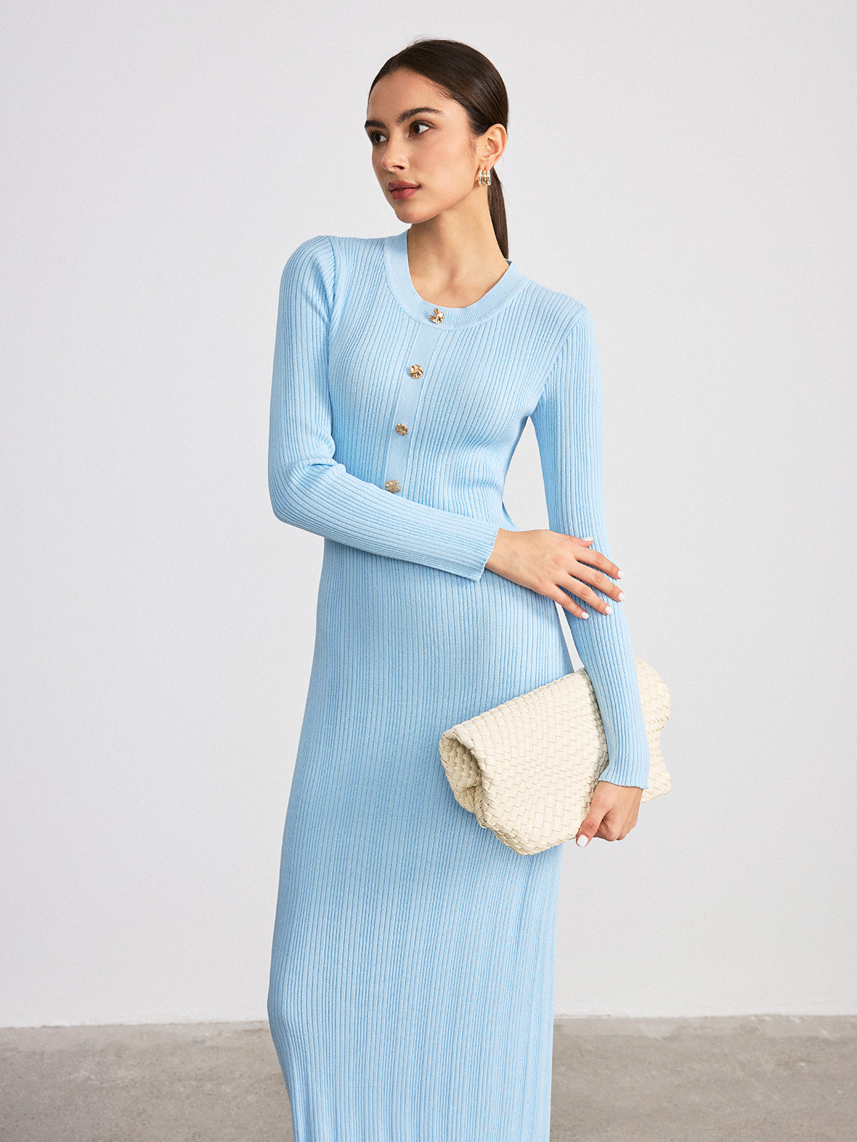 Metal Detail Ribbed Knit Maxi Dress-Chicvia