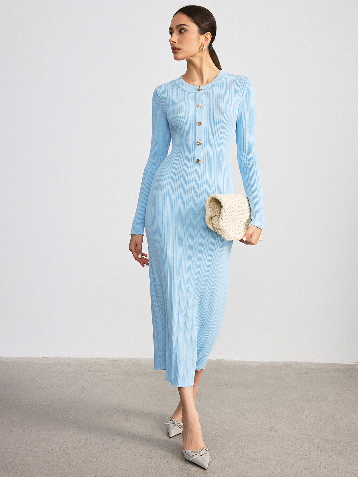 Metal Detail Ribbed Knit Maxi Dress-Chicvia