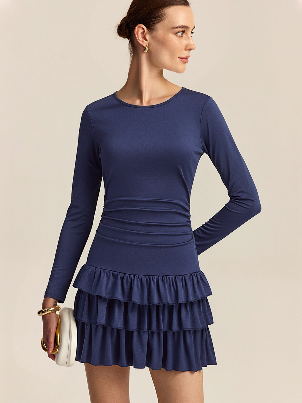 Long Sleeve Ruched Waist Layered Ruffle Dress-Chicvia