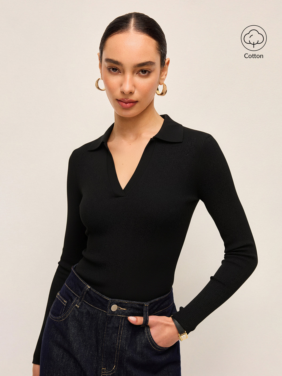 Polo V-Neck Ribbed Cotton Blend T-Shirt-Chicvia