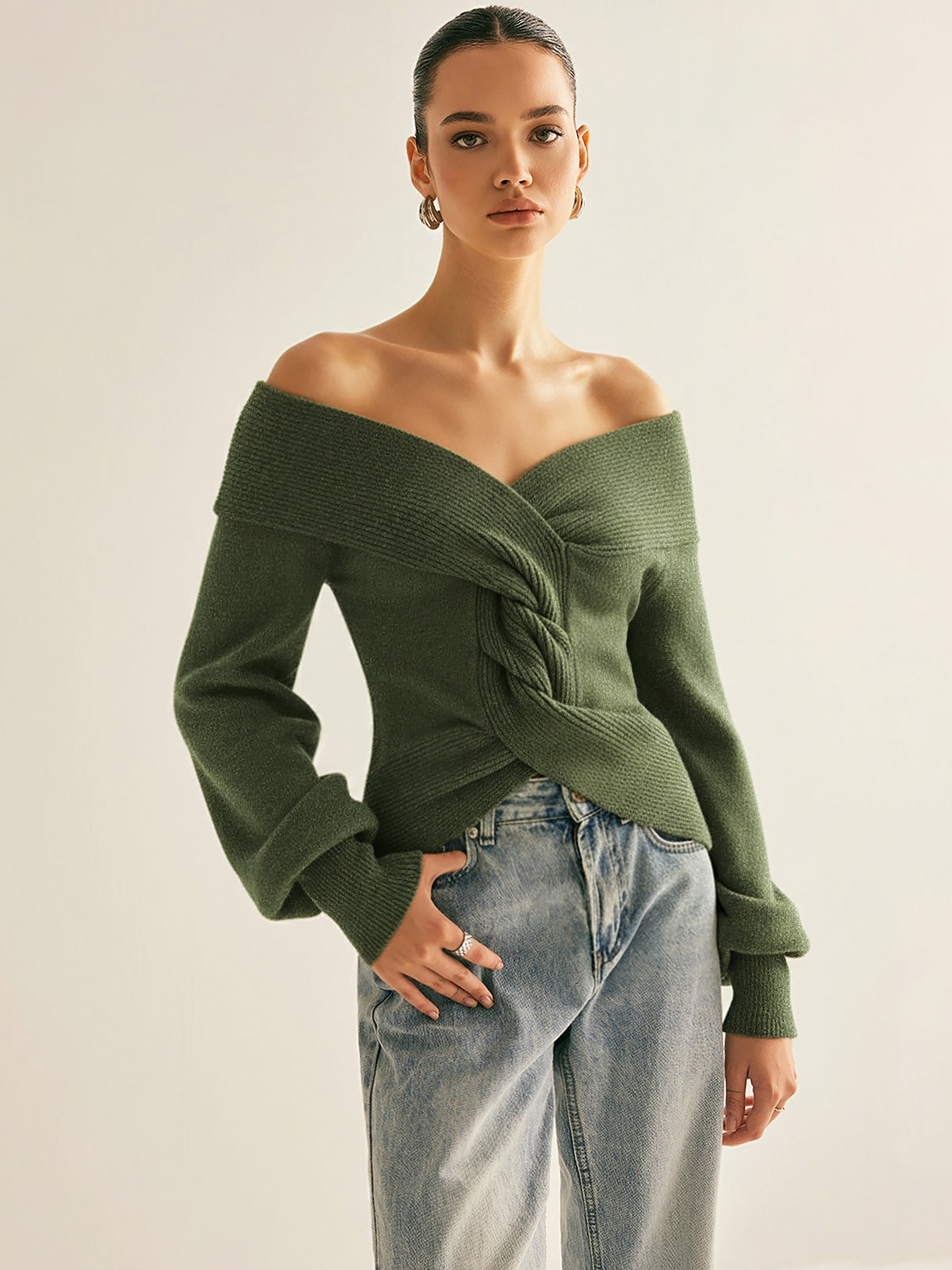 Off-Shoulder Twist Knit Top-Chicvia