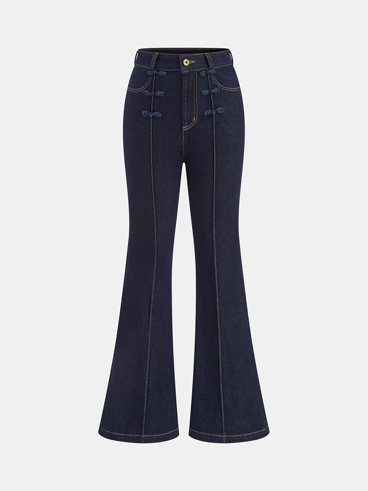 Mandarin Knot Slim Stretch Flare Denim Pants-Chicvia