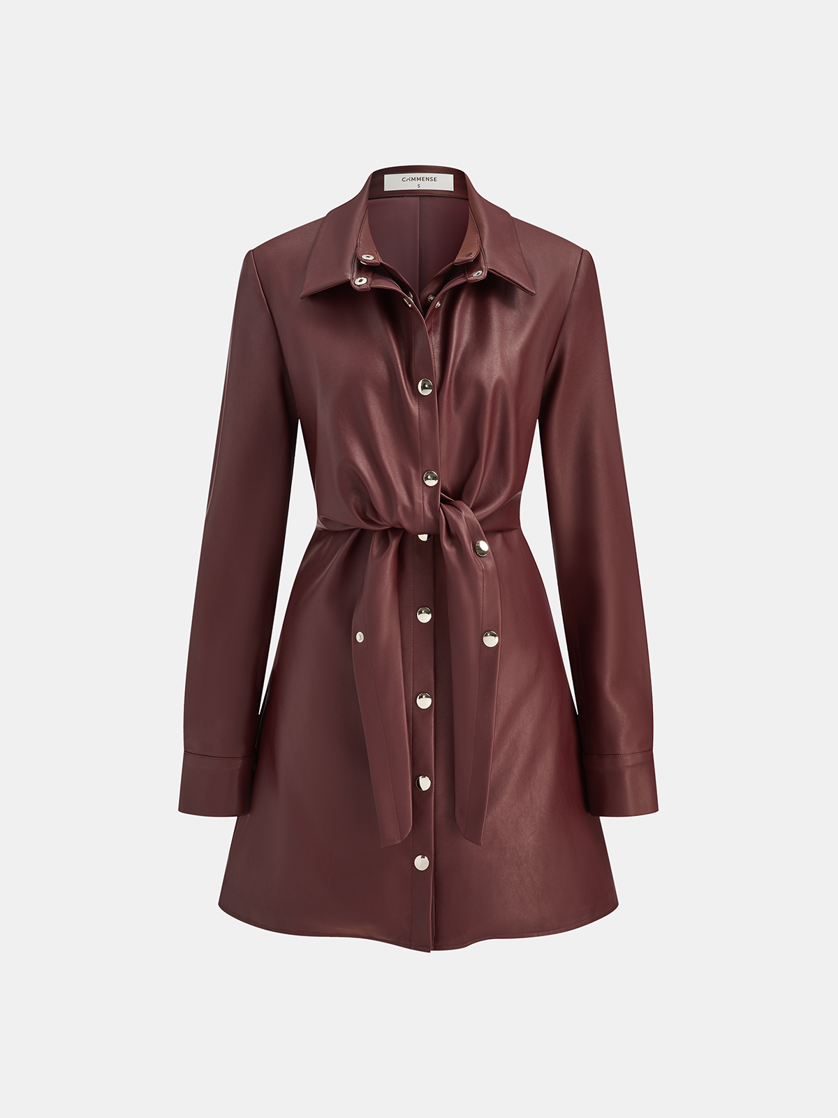 Double-Collar PU Leather Shirt Dress-Chicvia