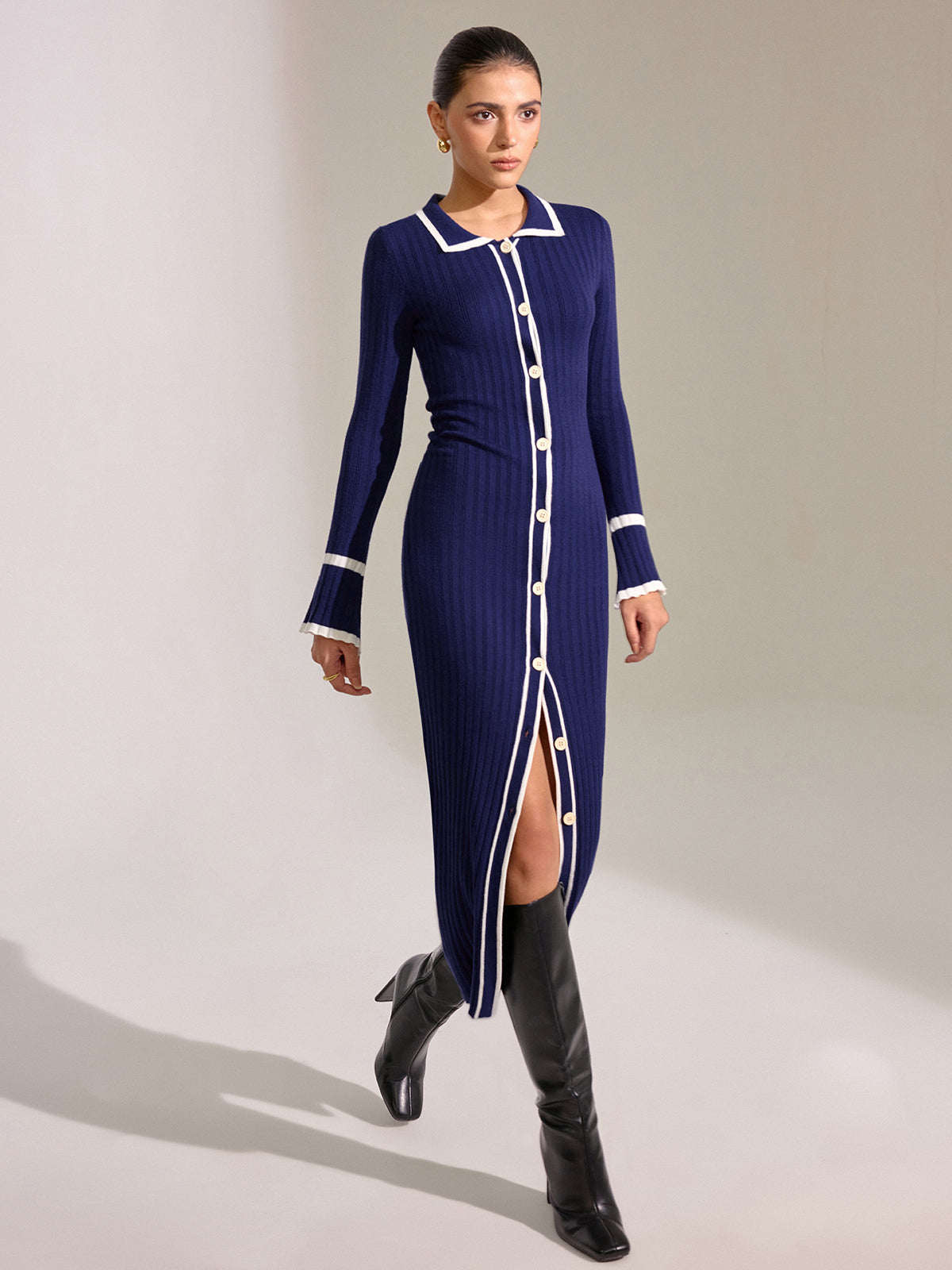 Contrast Trim Button Front Slim Fit Midi Dress-Chicvia