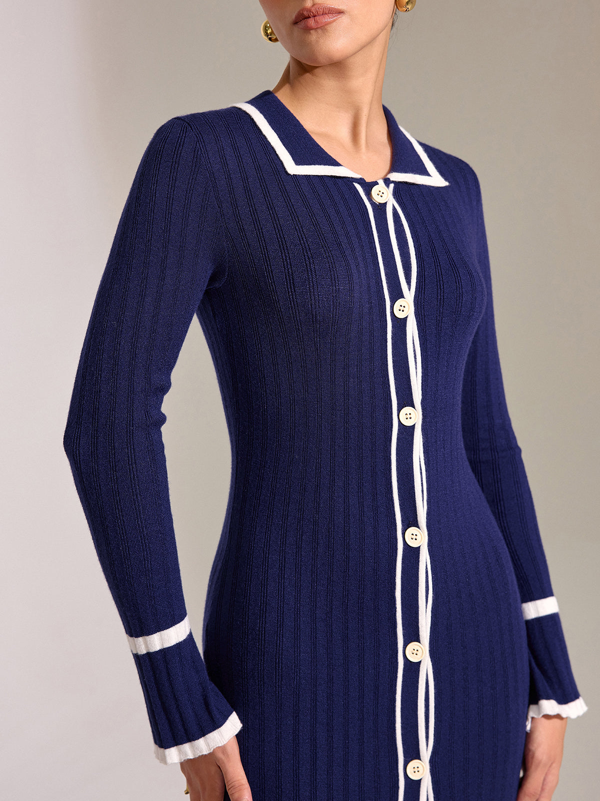 Contrast Trim Button Front Slim Fit Midi Dress-Chicvia