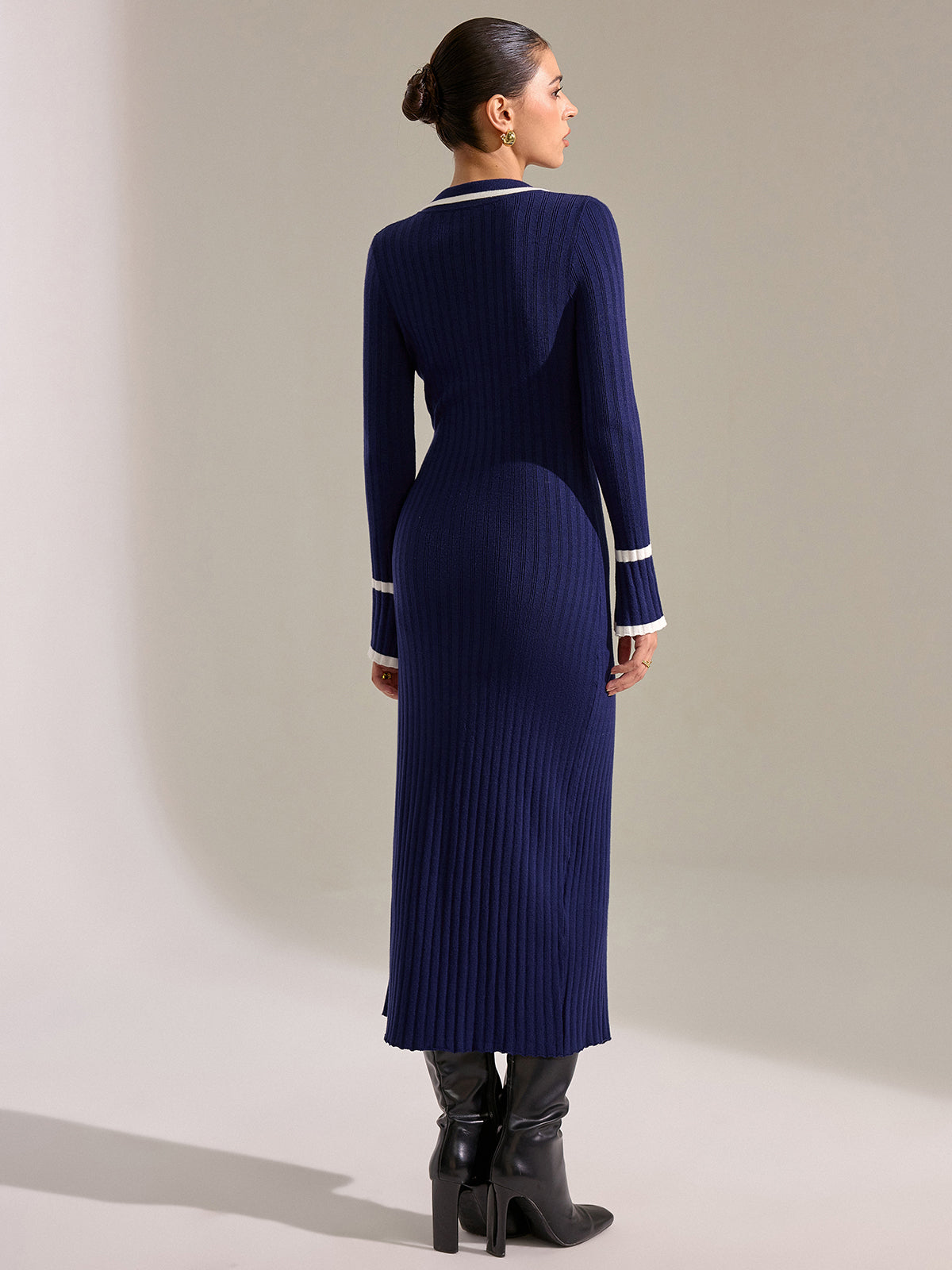 Contrast Trim Button Front Slim Fit Midi Dress-Chicvia